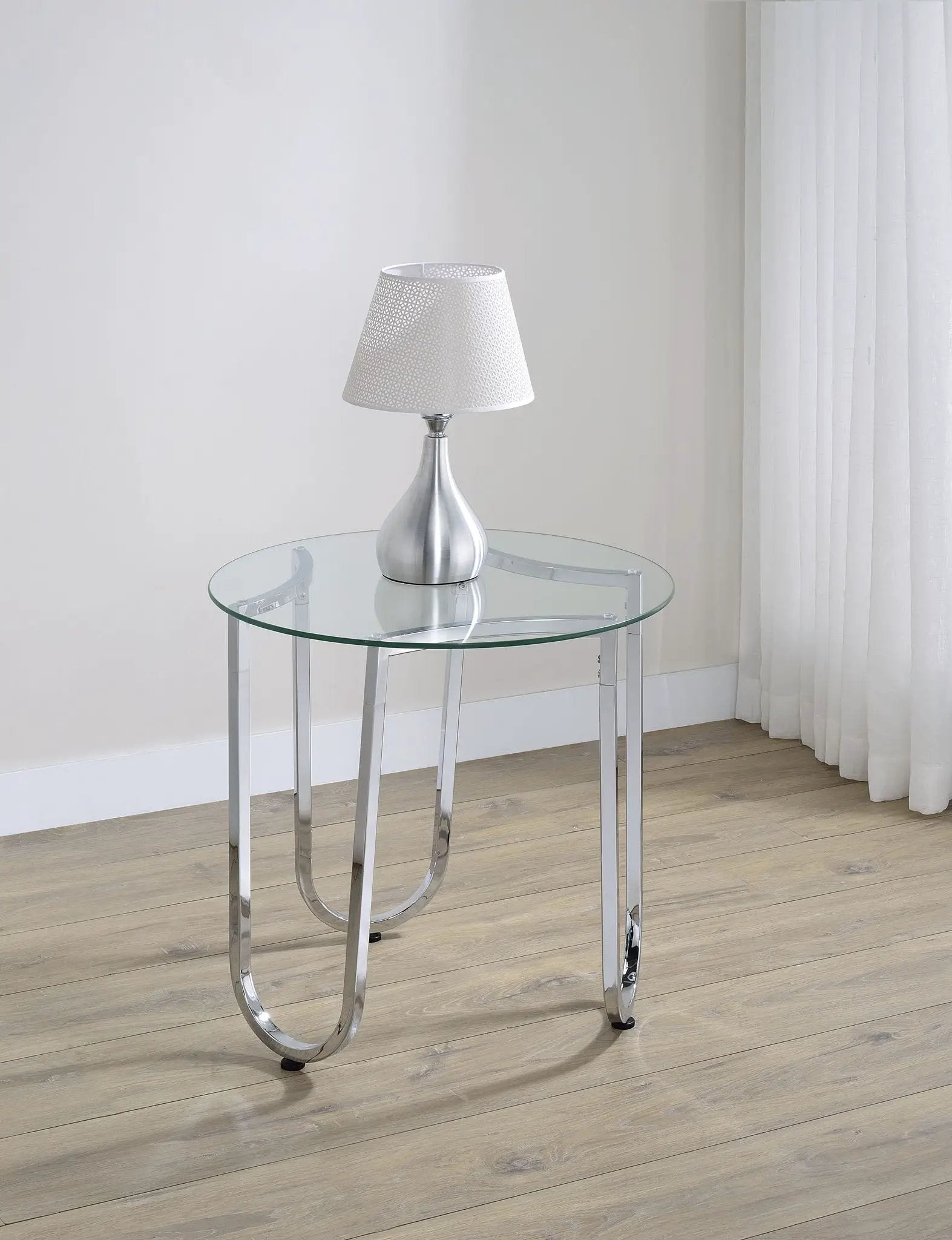 Beller Round Tempered Glass Top End Side Table Chrome by Unique Piece Furniture