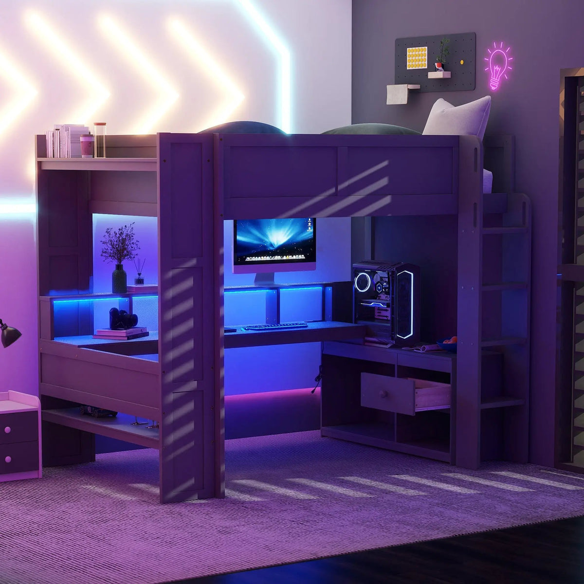 Wood Full Size Gaming Loft Bed with Desk, Multi-storage Shelves, LED and Charging Station