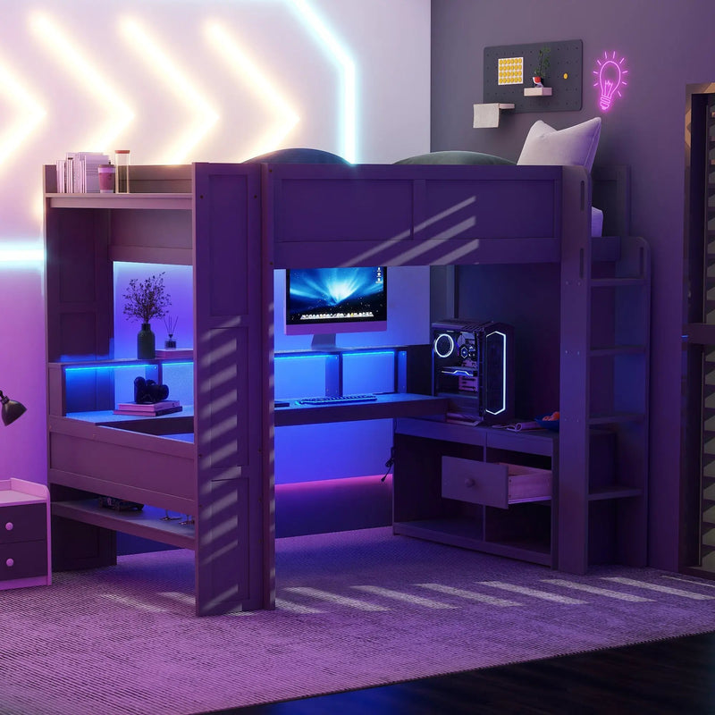 Wood Full Size Gaming Loft Bed with Desk, Multi-storage Shelves, LED and Charging Station