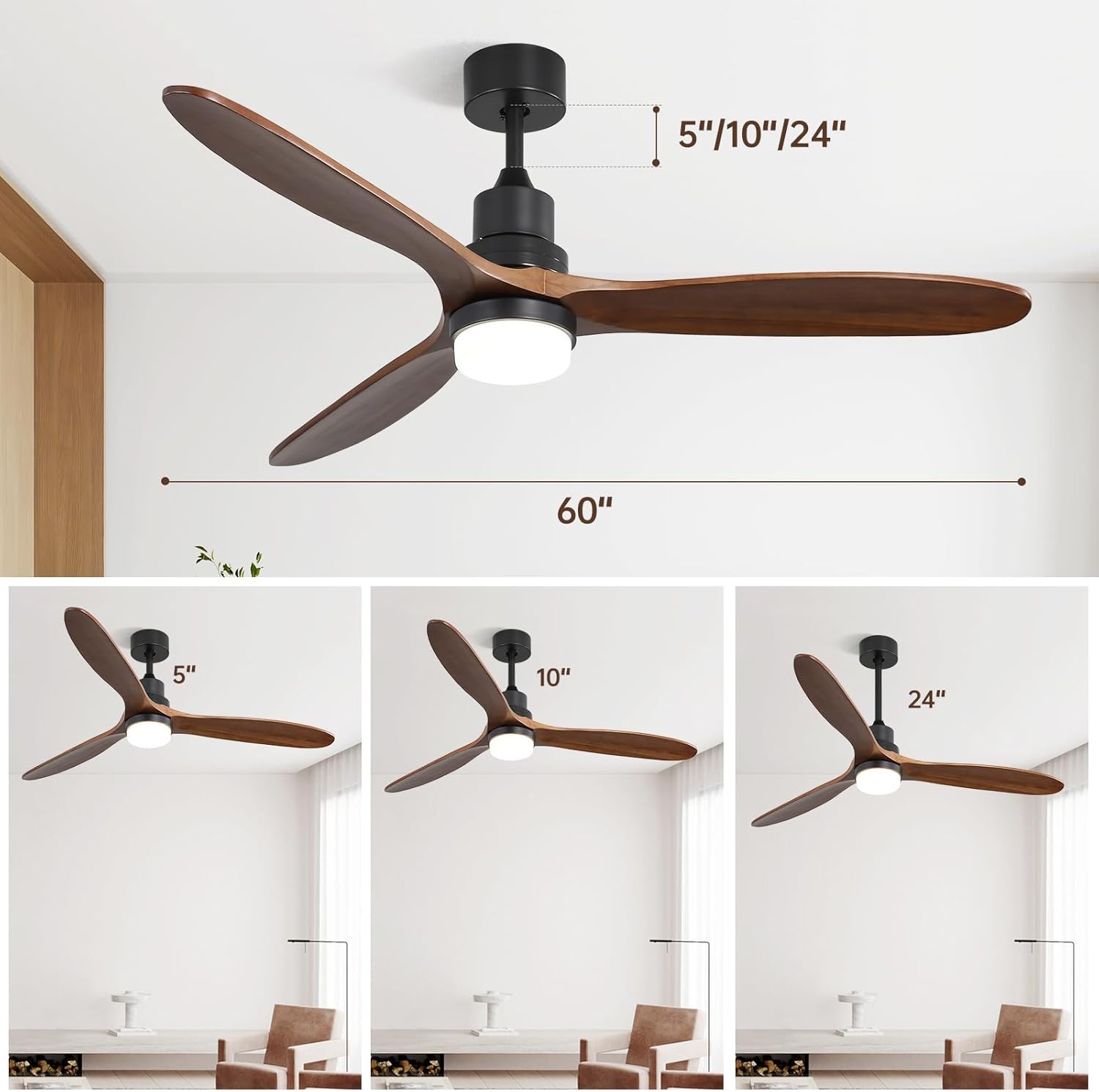 Ceiling Fan With Lights 3 Solid Wood Fan Blade Noiseless Reversible Motor Remote Control - Black by HouseOfZazla