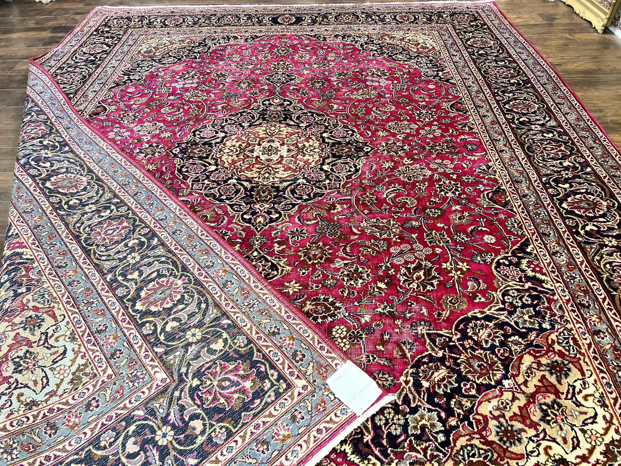 Persian Rug 10x13, Wool Hand Knotted Antique Kashmar Carpet, Raspberry Red & Navy Blue, Floral Medallion, Traditional Oriental Rug 10 x 13 by Jewel Rugs