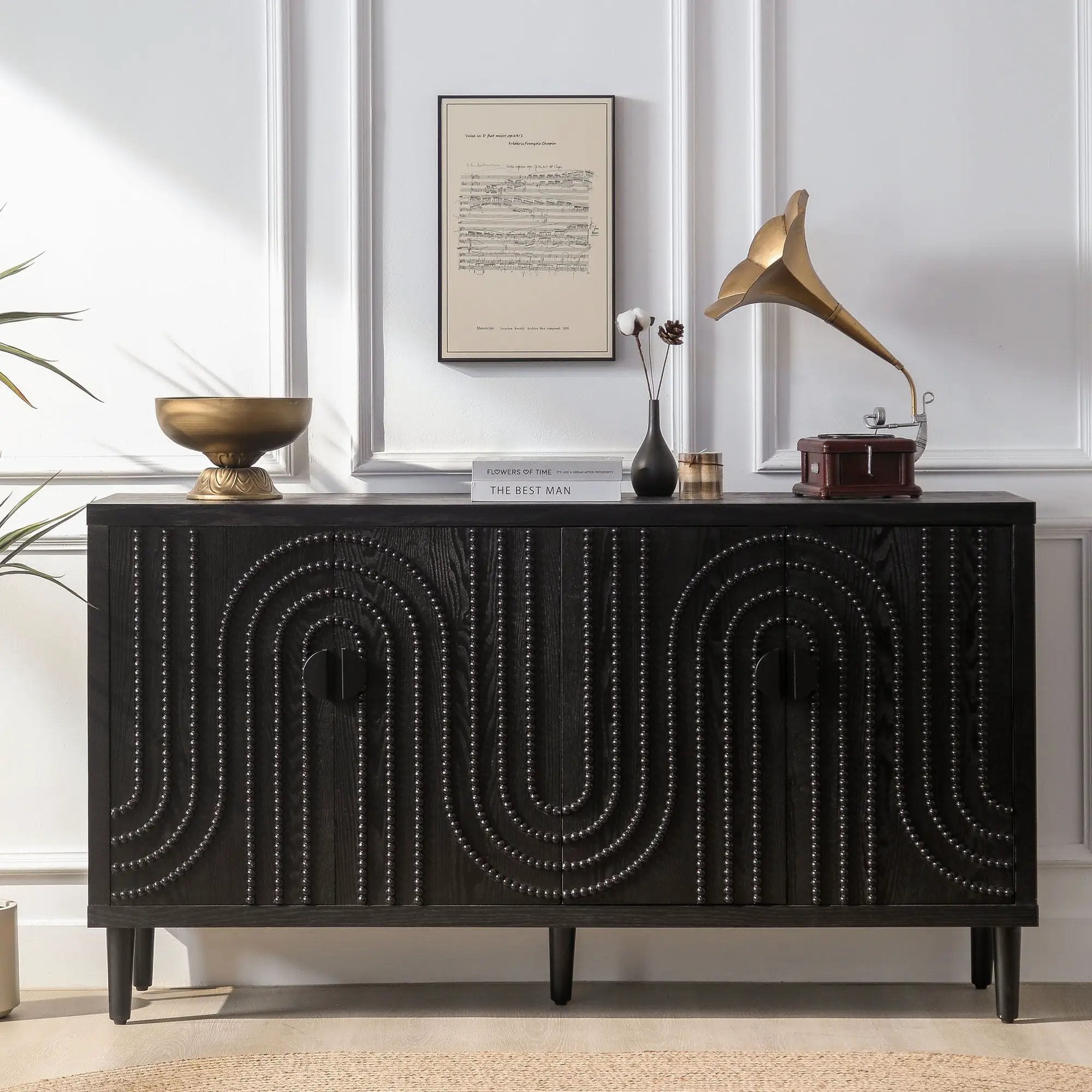 Modern Sideboard Cabinet With Decorative Nailhead Accents, Stylish Storage Solution For Dining, Living Rooms - Black by Unique Piece Furniture