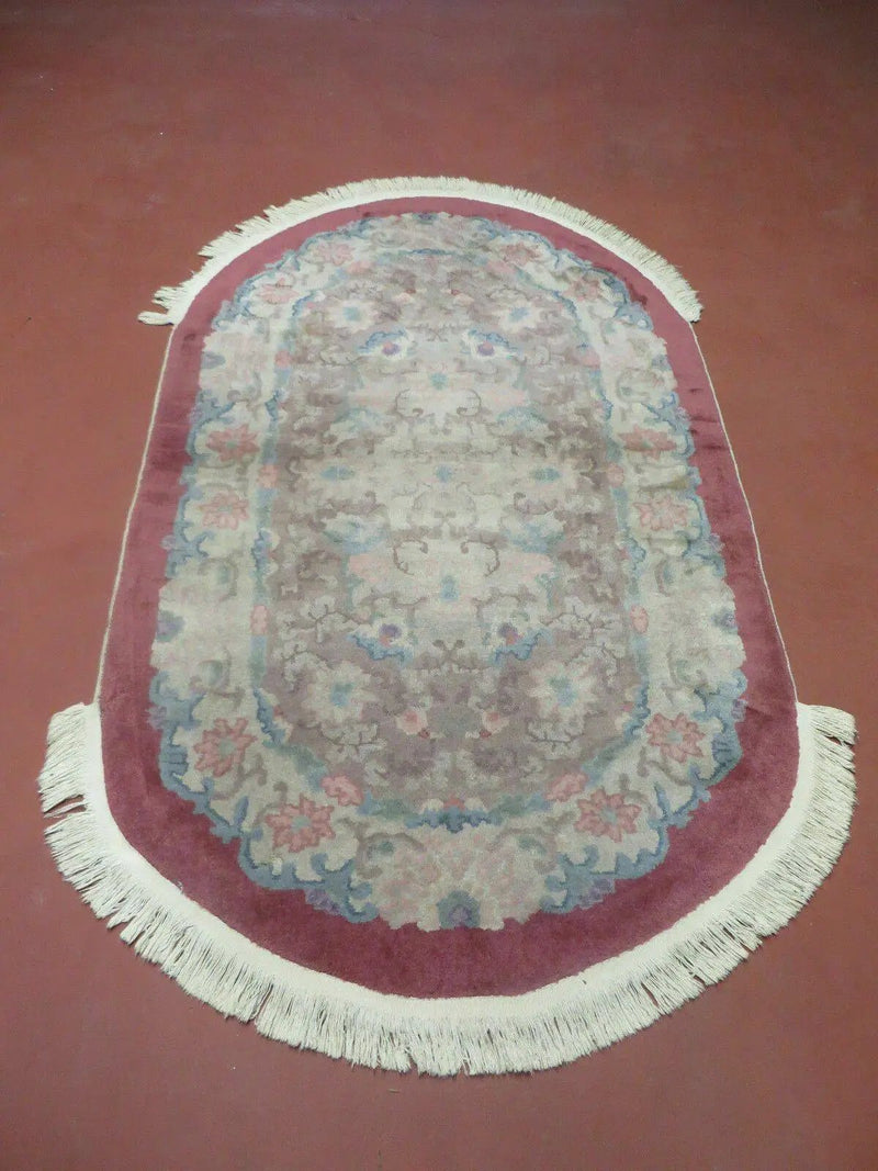 Oval Chinese Art Deco Rug 3x5 Vintage Wool Carpet by Jewel Rugs