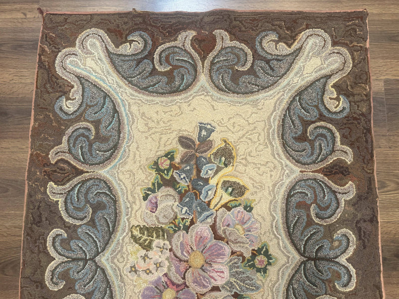Antique American Hooked Rug 3 x 4.6, Vintage, Floral by Jewel Rugs