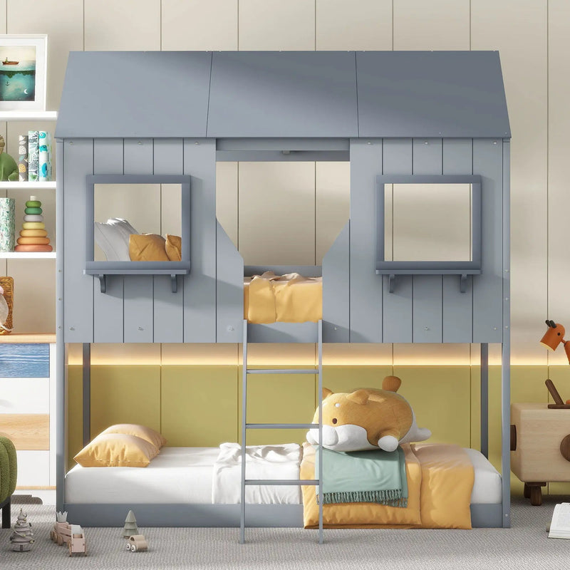 Twin Over Twin Bunk Bed With Roof, Window, Guardrail, Ladder by HouseOfZazla