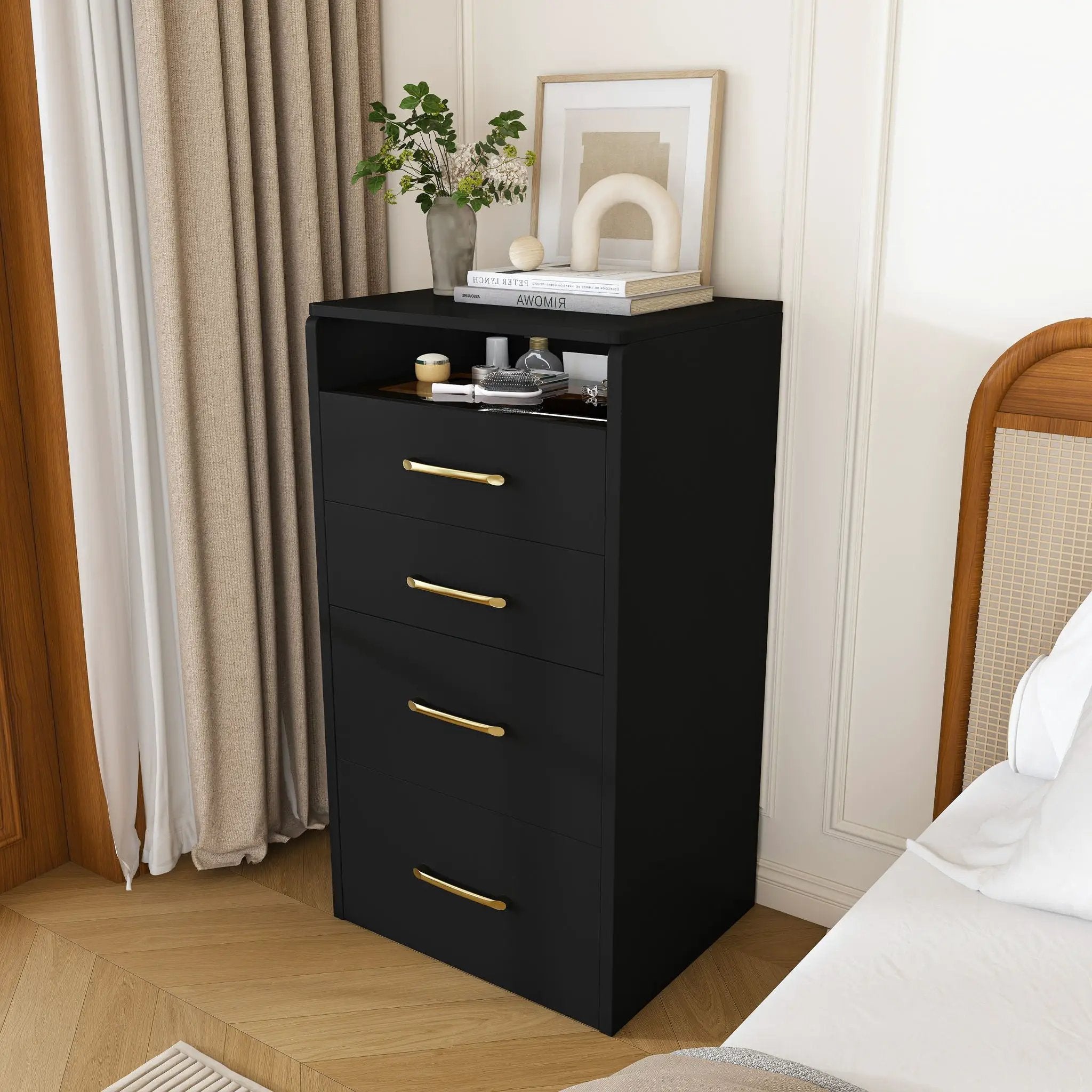 3 In 1 Vanity Desk With Open Top Mirror, Glass Desktop Makeup Set With 3 Drawers, Compact Dressing Table For Bedroom - Black by HouseOfZazla