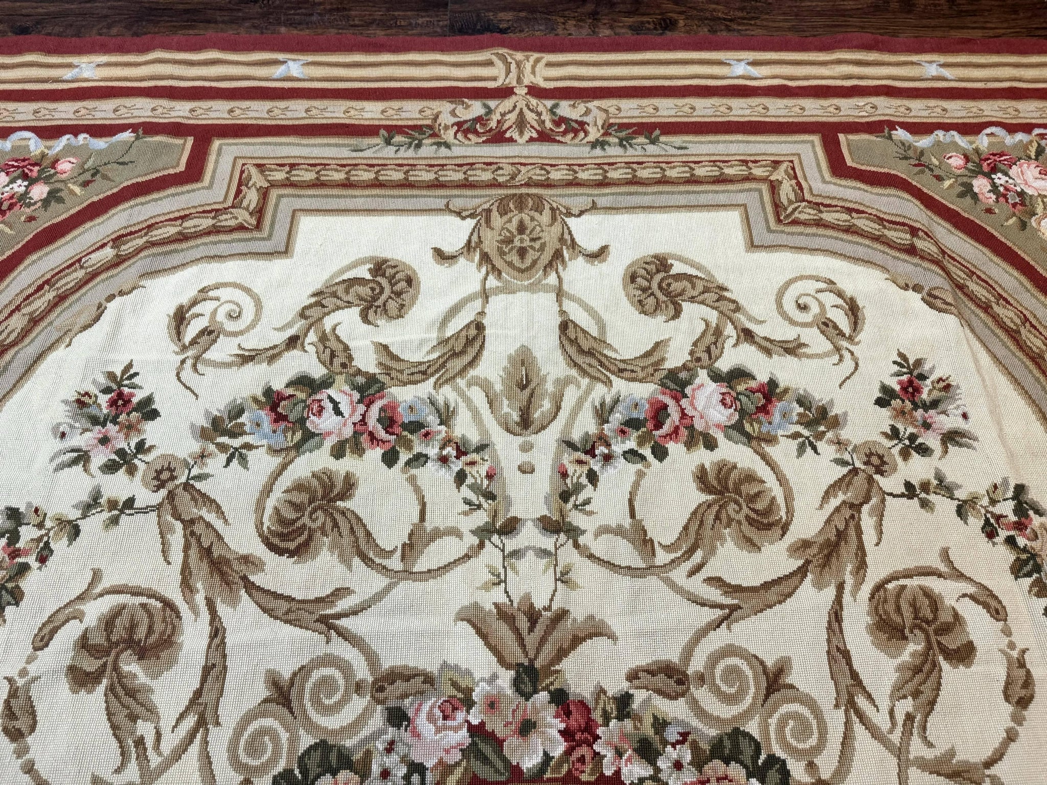 Aubusson Needlepoint Rug 9x11, Handmade Vintage Wool Flatweave Carpet, Elegant European Rug, Floral, Cream by Jewel Rugs