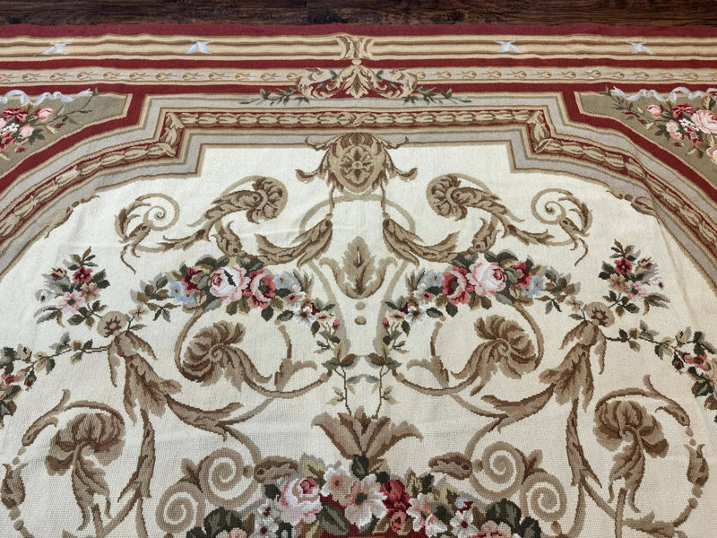 Aubusson Needlepoint Rug 9x11, Handmade Vintage Wool Flatweave Carpet, Elegant European Rug, Floral, Cream by Jewel Rugs