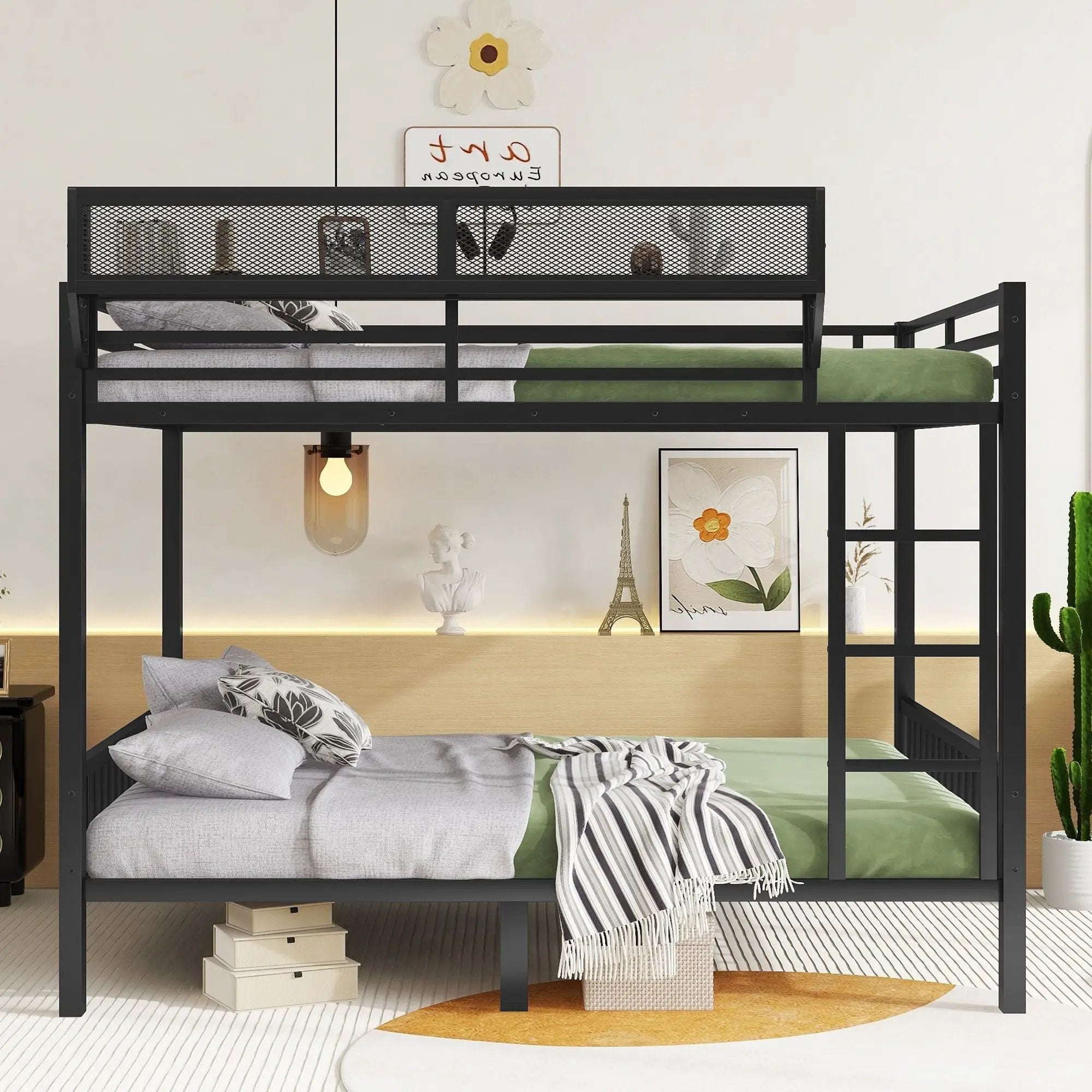 Queen Over Queen Bunk Bed With Ladder And Storage Shelf - Black by HouseOfZazla