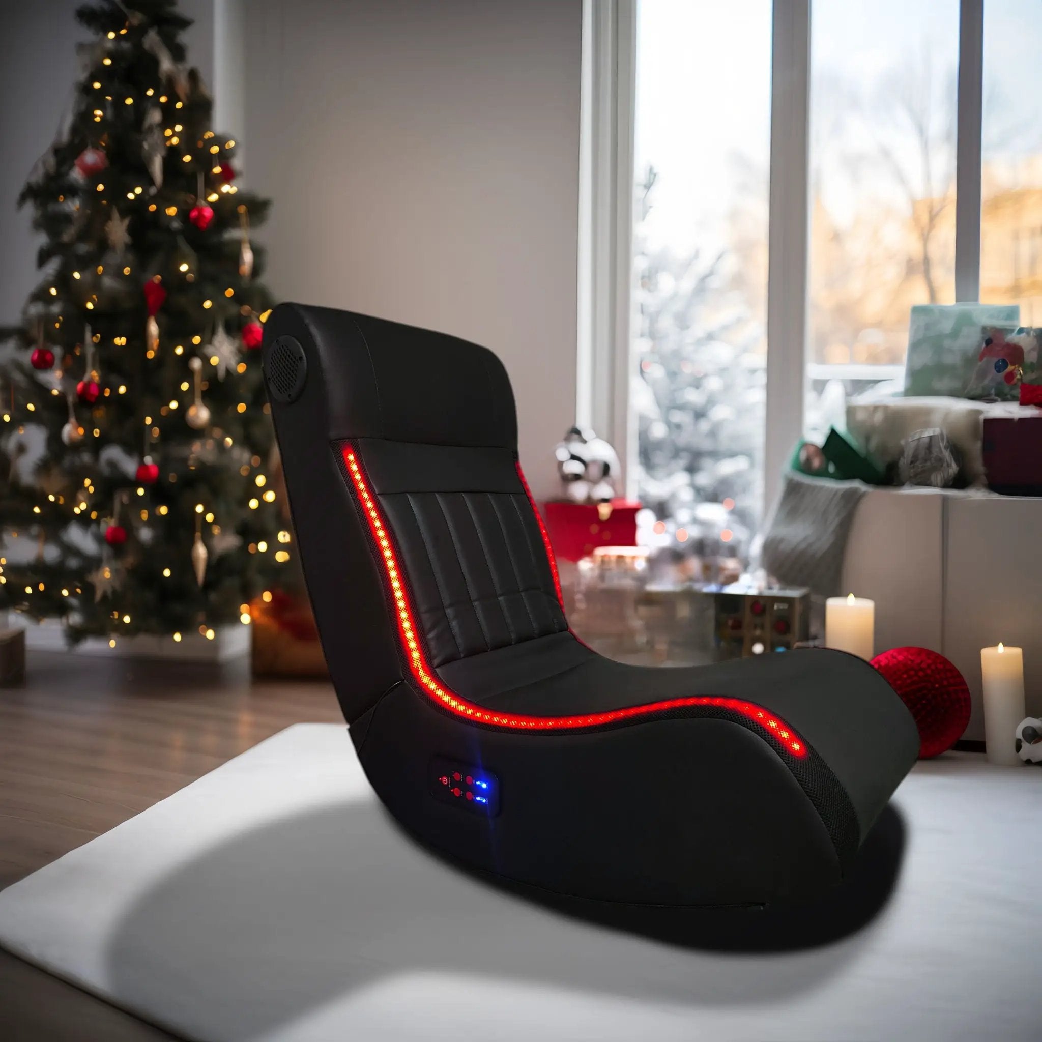 Foldable Gaming Chair With Onboard Speakers, LED Strip Lighting, Bluetooth, Vibration Massage, USB Charging Port - Black by Unique Piece Furniture