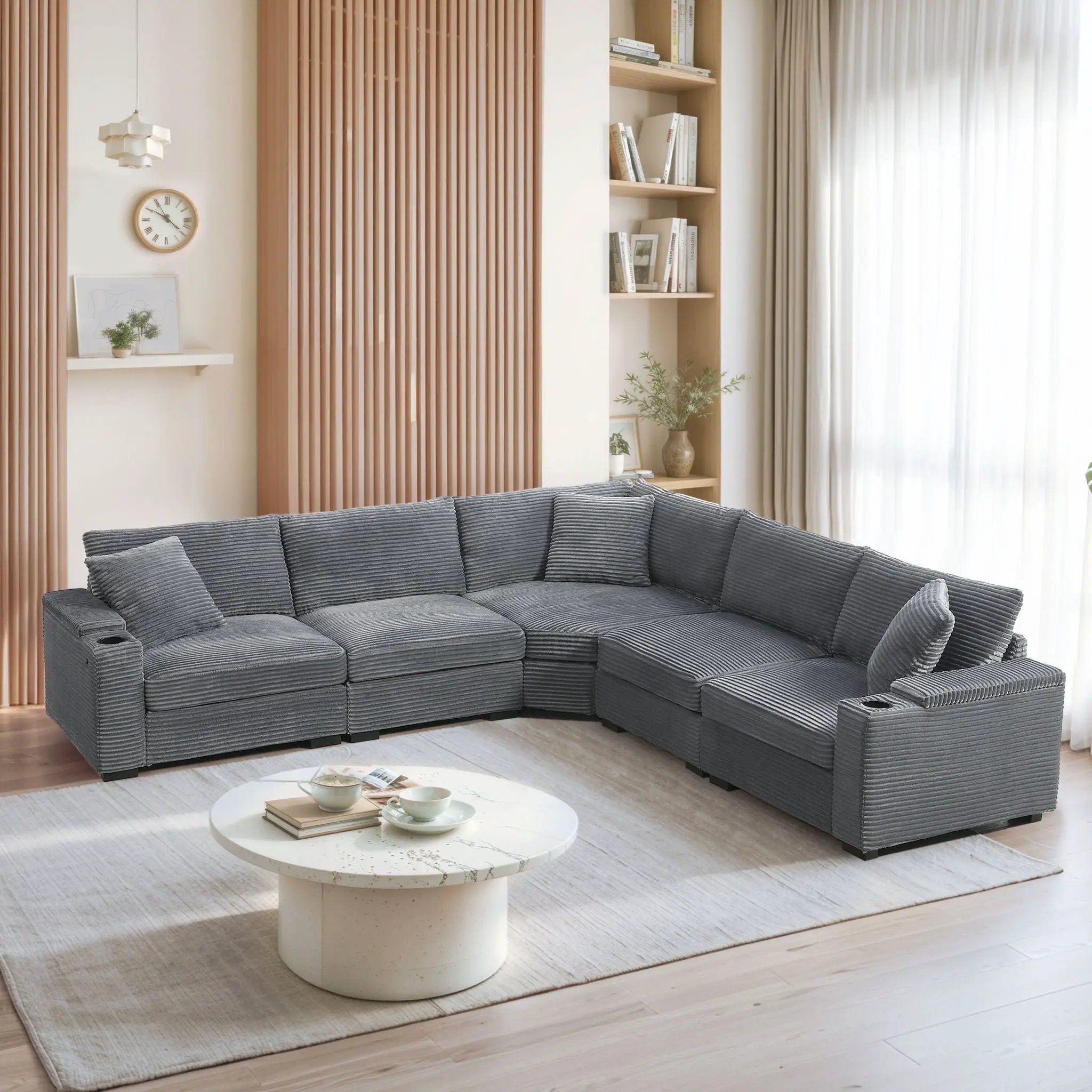 Convertible L Shaped Sectional Corner Couch With Armrest Storage Cup Holders USB Charger, Irregular Corner Oversized Comfy Modular Sofa by HouseOfZazla