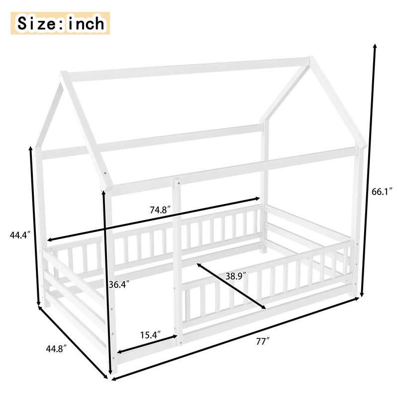 Twin Size Floor Wooden Bed with House Roof Frame by HouseOfZazla