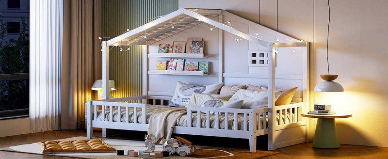House Bed With Shelves, Window And Sparkling Light Strip On The Roof by HouseOfZazla