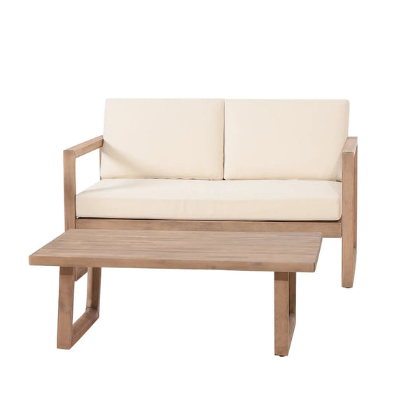 Outdoor Acacia Wood Loveseat and Coffee Table Set with Cushions