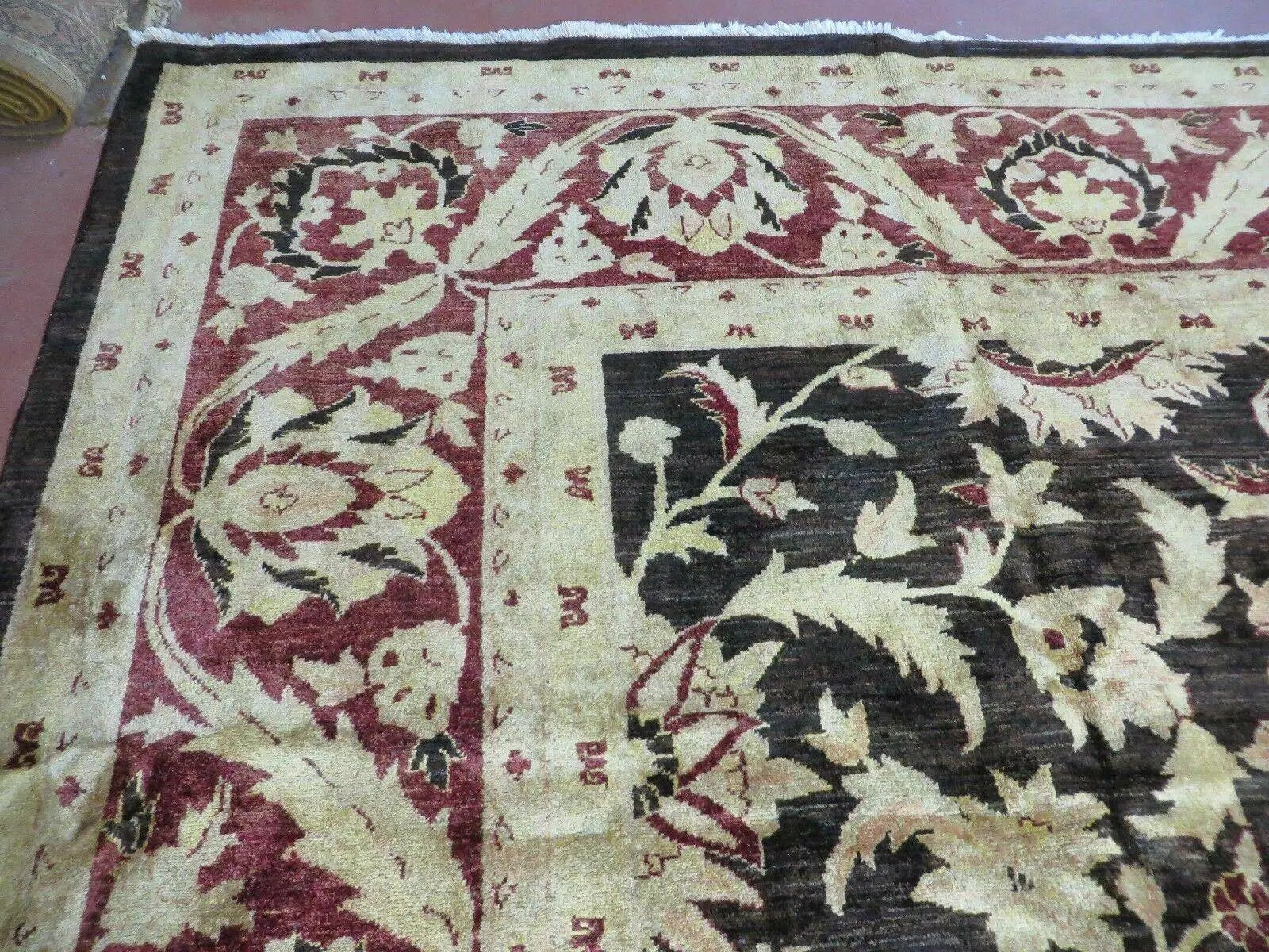 11' X 15' Vintage Hand Knotted Indian Agra Wool Rug Hand Made Dark Brown Floral by Jewel Rugs