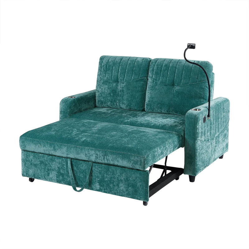 Modern Loveseat Pull Out Sofa Bed With Adjustable Backrest, Two Cup Holders, A Phone Holder, Three Charging Ports And Side Storage Pockets For Living Room by Unique Piece Furniture