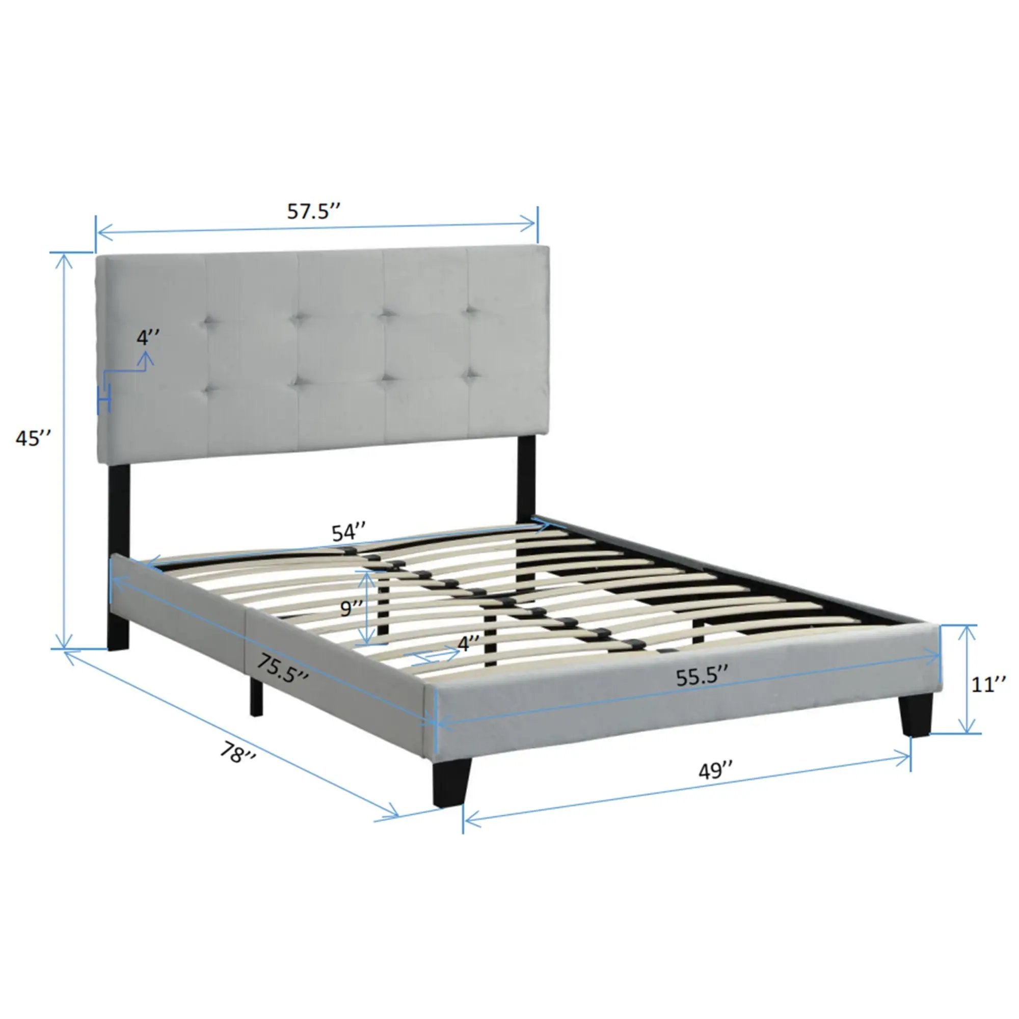 Full Size Upholstered Platform Bed Frame With Pull Point Tufted Headboard, Strong Wood Slat Support, Mattress Foundation, No Box Spring Needed - Gray by HouseOfZazla