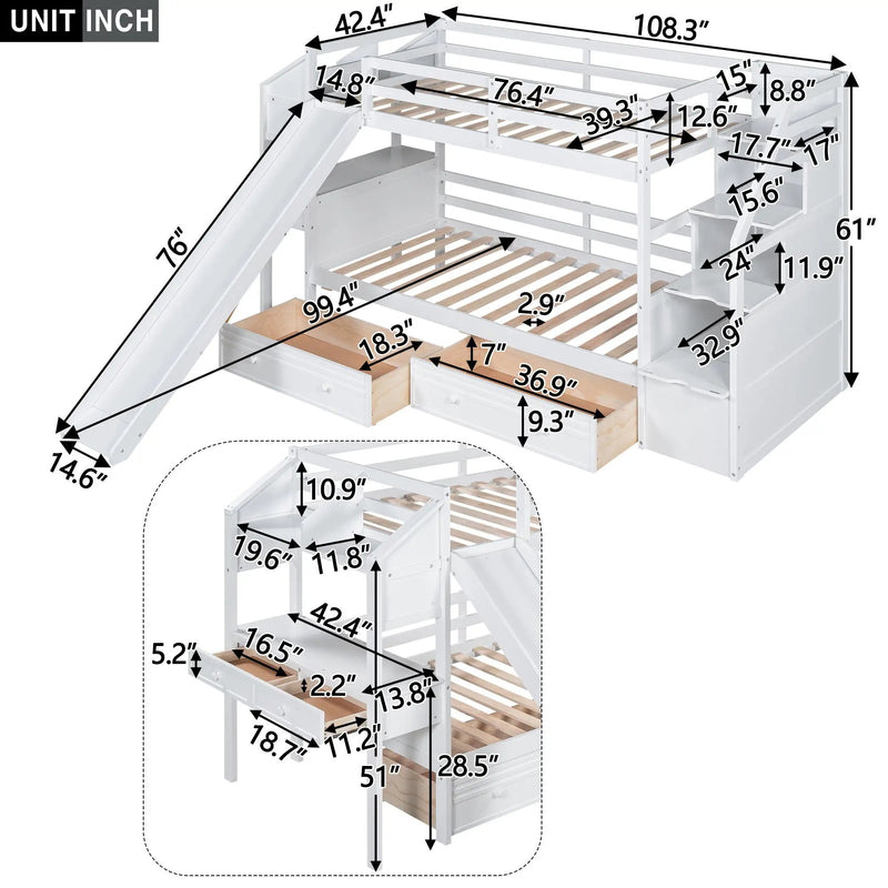 Bunk Bed With Storage Staircase, Slide, Desk, Drawers, And Shelves