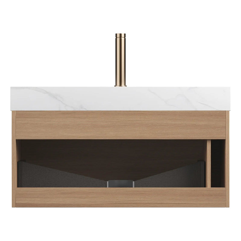 Nyah 36'' Bathroom Vanity & Sink, Floating Ultra-Slim Grille Plywood Cabinet, Drawer with Sensor Light, Carrara by HouseOfZazla