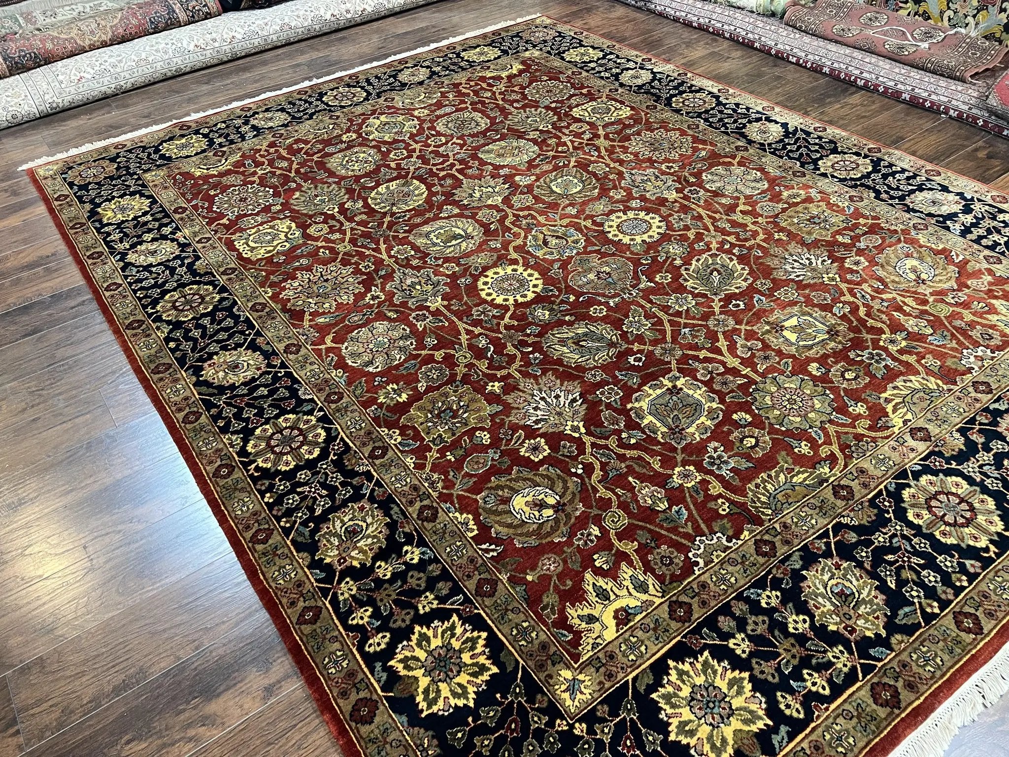 Indo Persian Rug 9x12, Hand Knotted Traditional Indian Wool Oriental Carpet 9 x 12 ft, Maroon and Navy Blue, Floral Allover 9x12 Vintage Rug by Jewel Rugs
