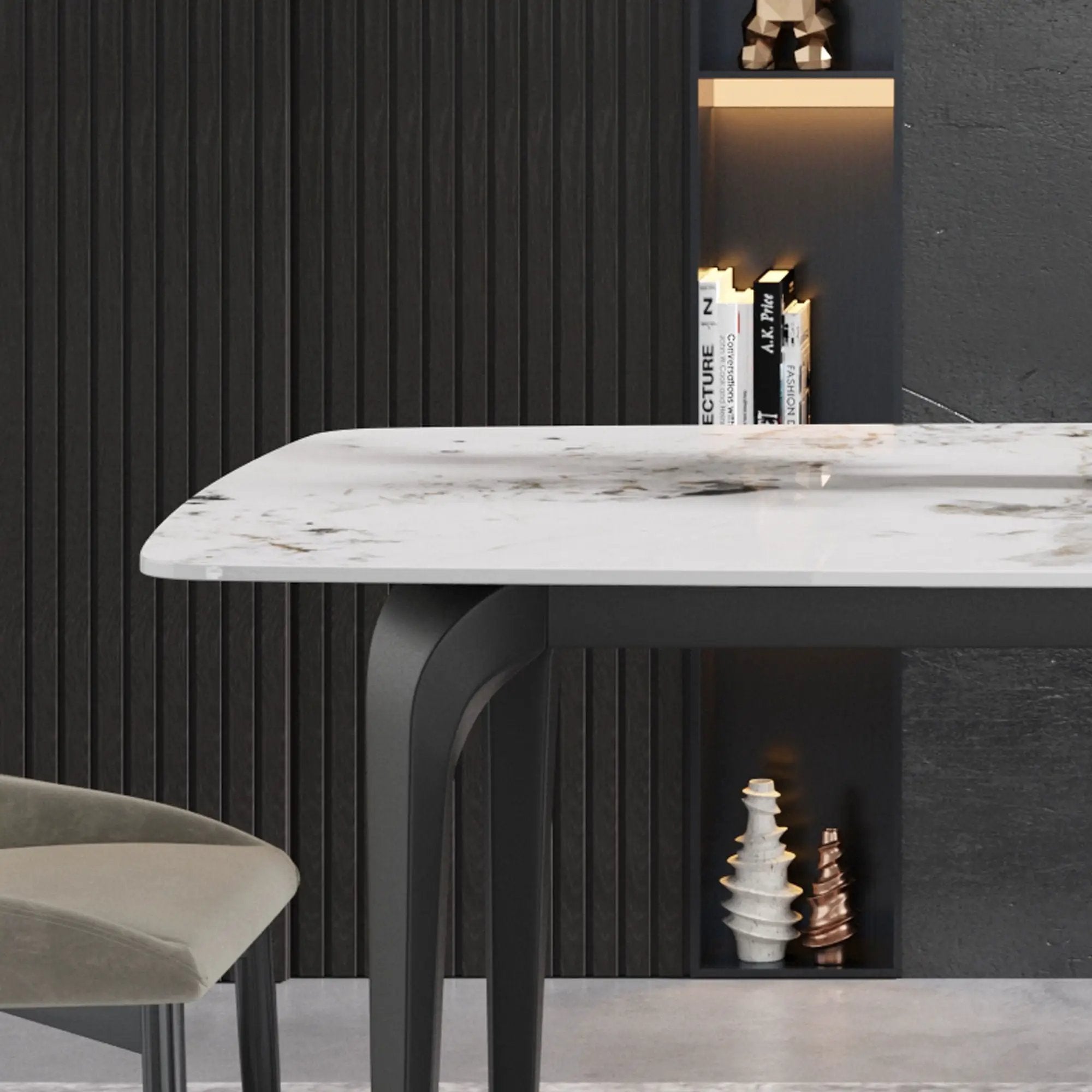 70.87" Modern Artificial Stone Pandora White Curved Black Metal Leg Dining Table - Antique White by HouseOfZazla