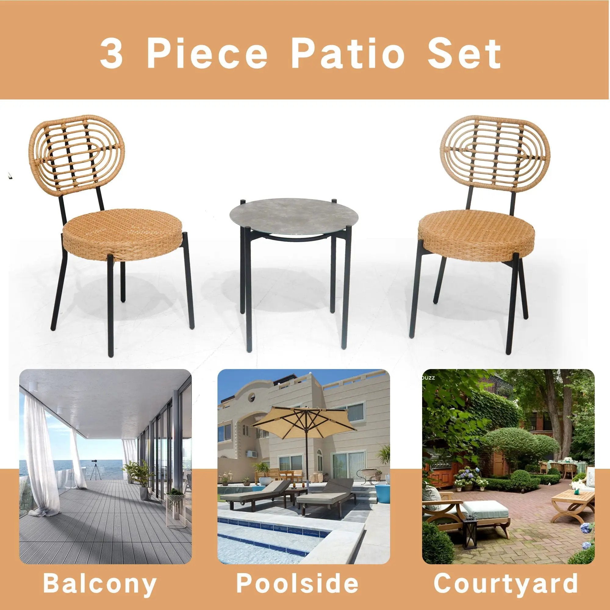 3 Pieces Of Luxury Outdoor Wicker Furniture Patio Bistro Style Table And Chair Combination, Weather Resistant PE Wicker Weave, Suitable For Garden - Black / Natural by HouseOfZazla