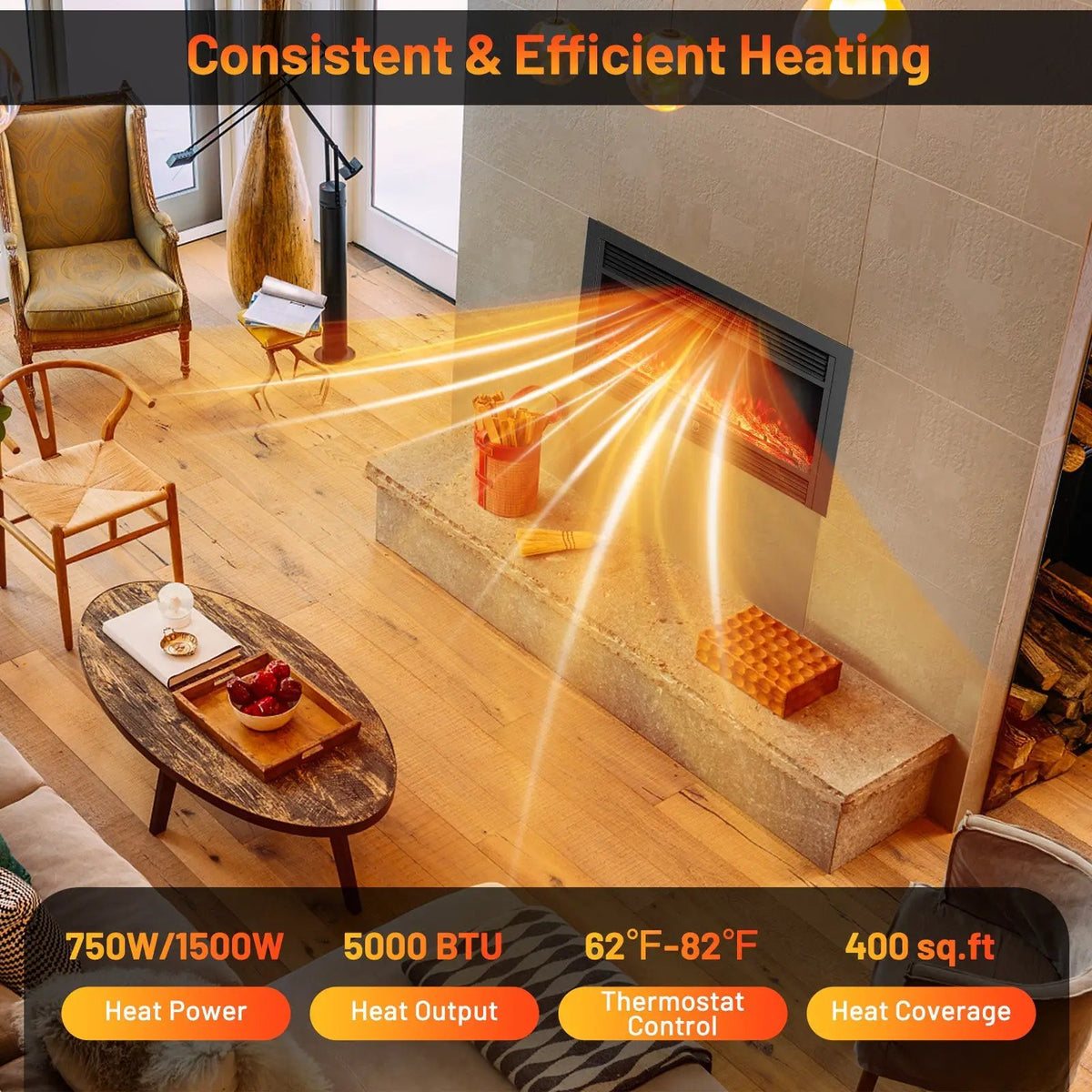 33/36-Inch Electric Fireplace Insert 750W/1500W Recessed Fireplace Heater, photo 6 of 16
