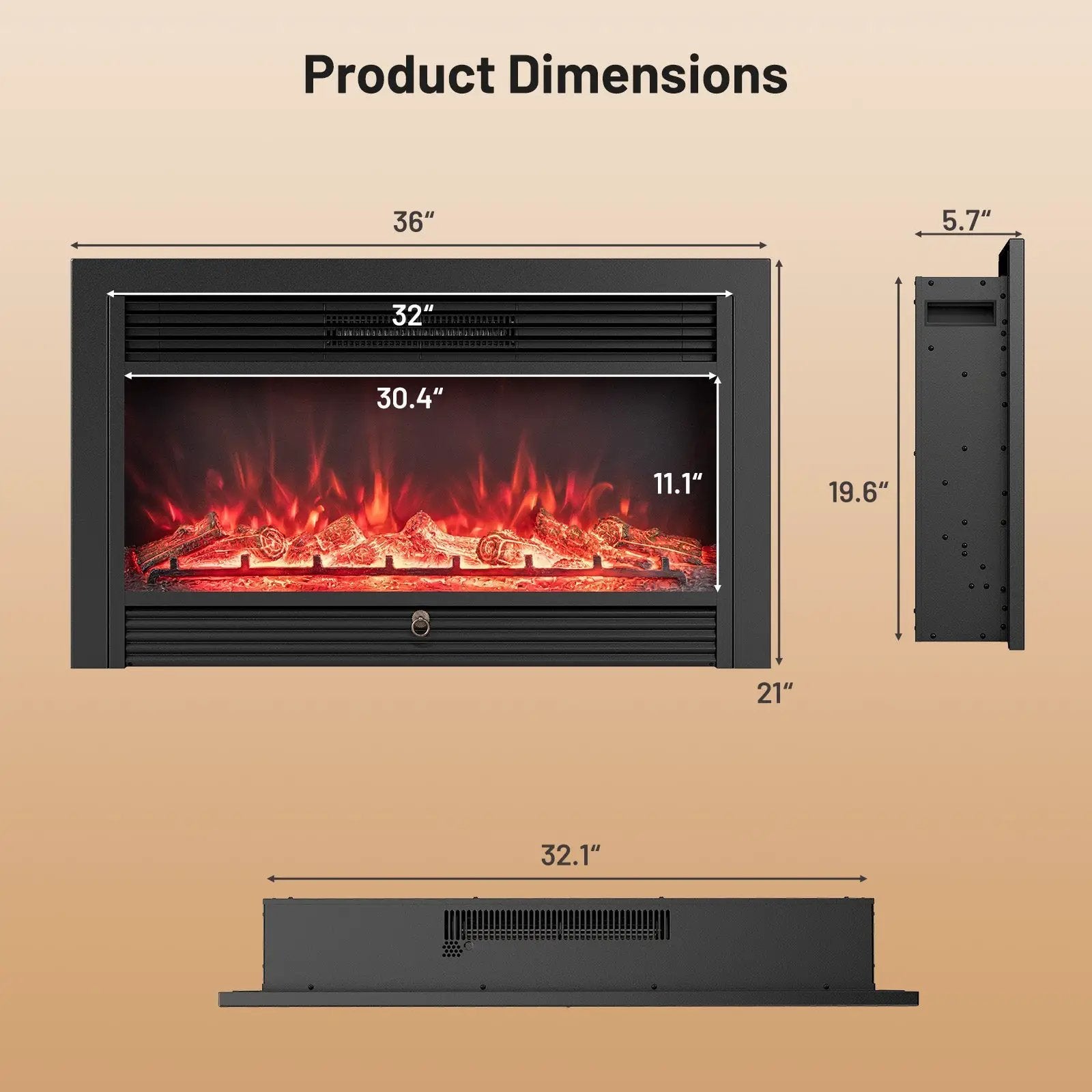 33/36-Inch Electric Fireplace Insert 750W/1500W Recessed Fireplace Heater by DirectDeals