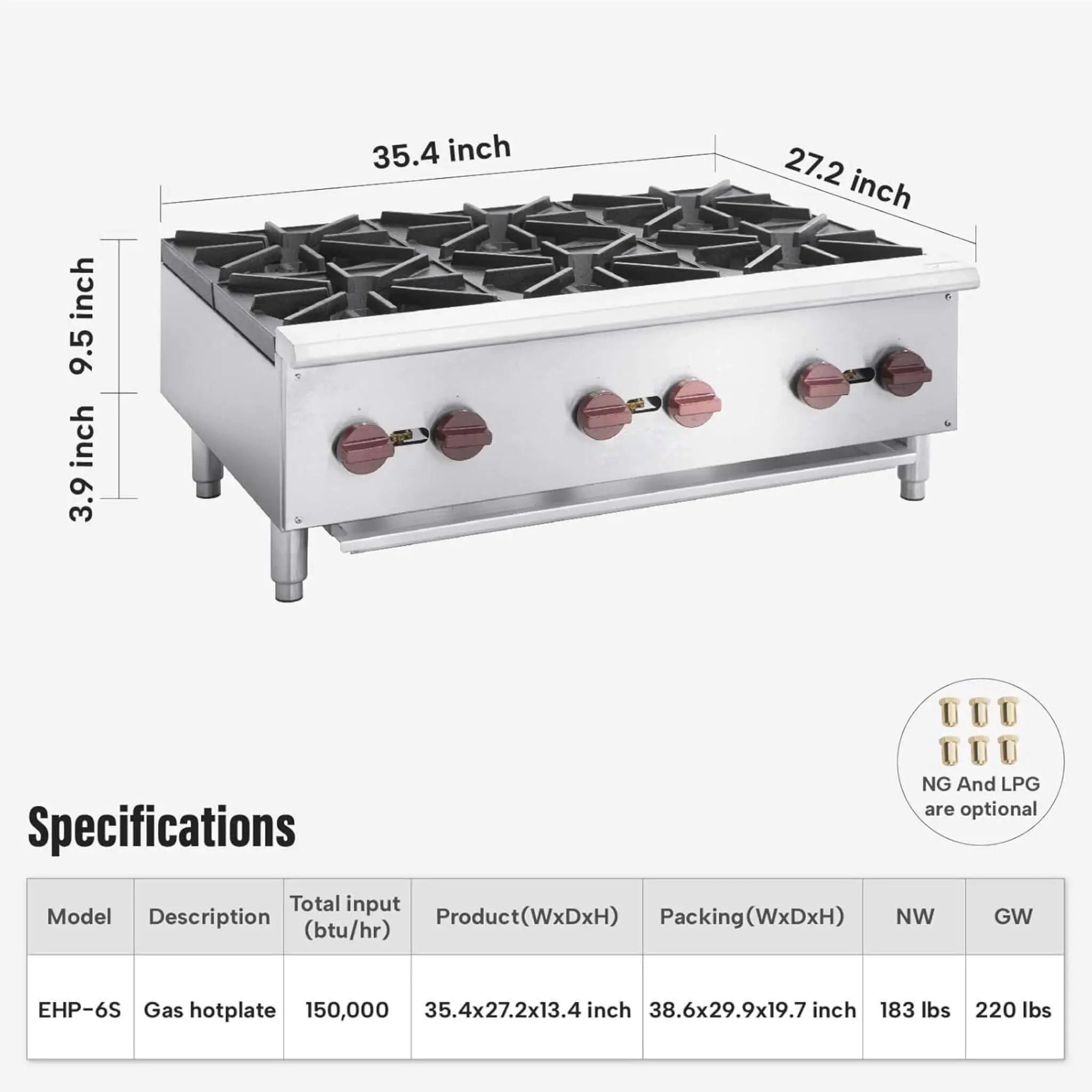 Heavy-Duty 36-Inch Commercial 150K BTU 6-Burner Stainless Steel Countertop Natural Gas And Propane Range (SAK92640) by SAKSBY WHOLESALE