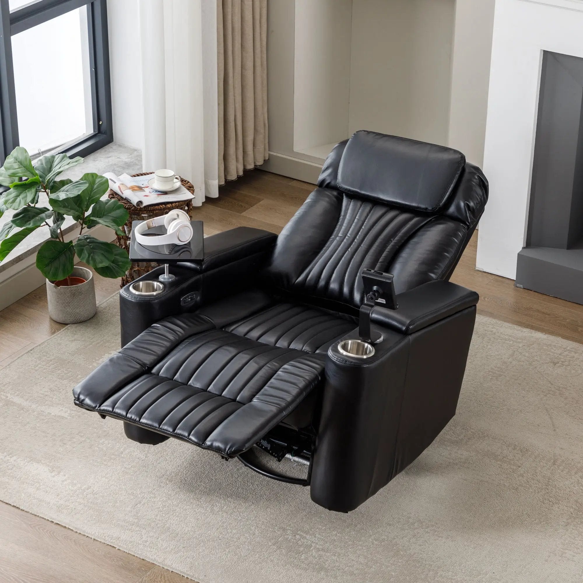 270° Power Swivel Recliner Home Theater Chair With Hidden Arm Storage, LED Light, Cup Holder, And Tray Table by HouseOfZazla