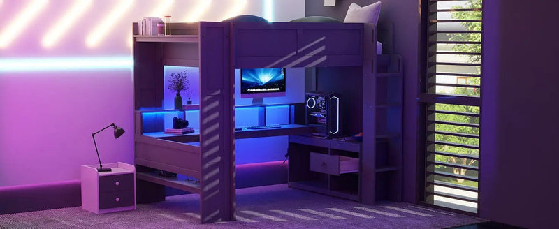 Wood Full Size Gaming Loft Bed with Desk, Multi-storage Shelves, LED and Charging Station, photo 9 of 10