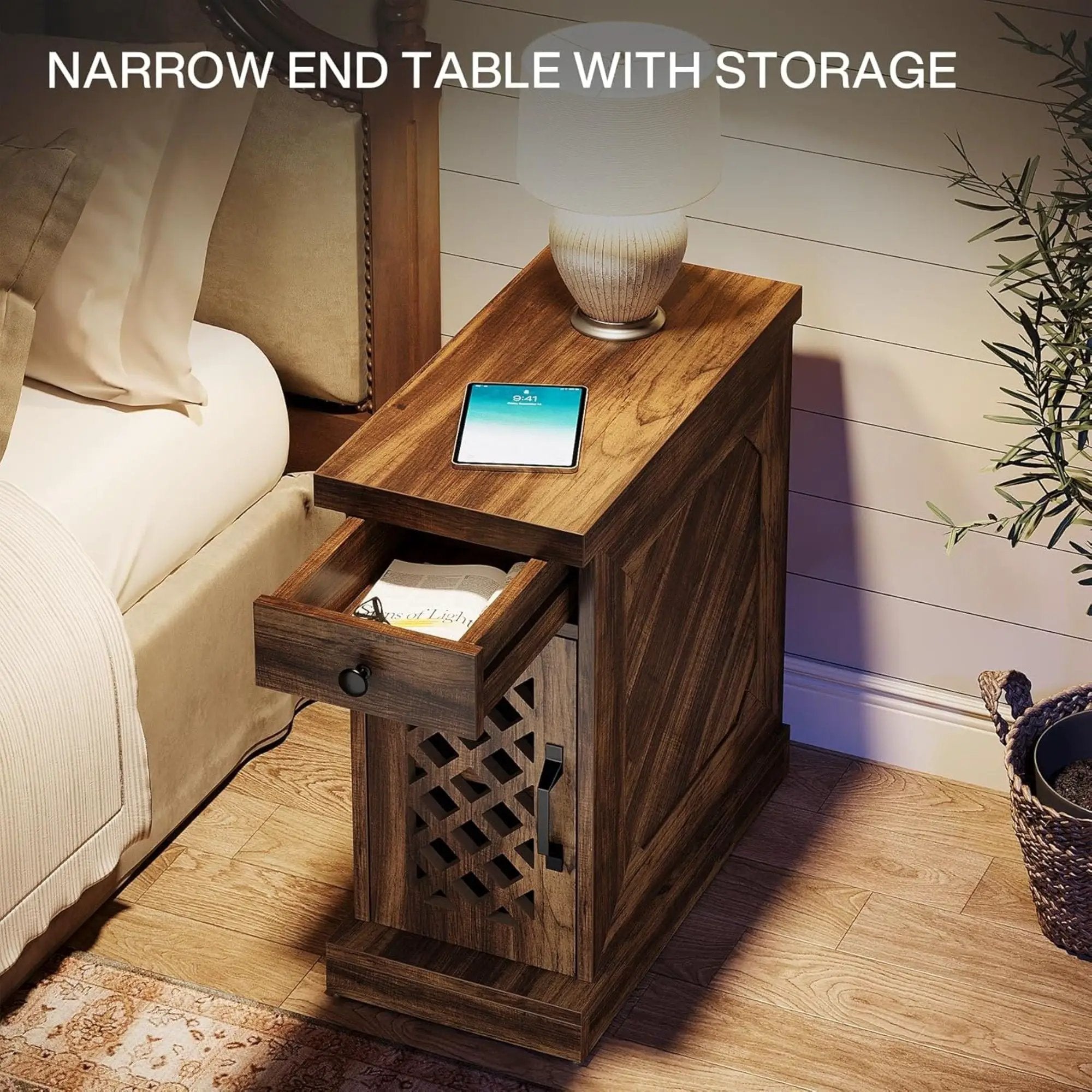 Narrow End Table With Drawer & Cabinet, Nightstand For Small Spaces - Brown by HouseOfZazla