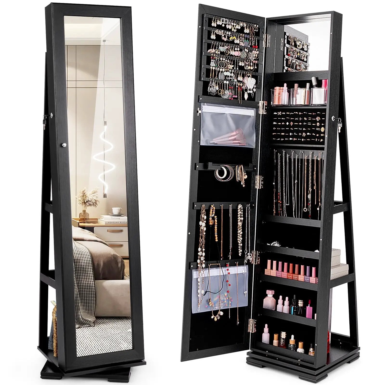 360° Rotatable 2-in-1 Lockable Jewelry Cabinet with Full-Length Mirror by DirectDeals