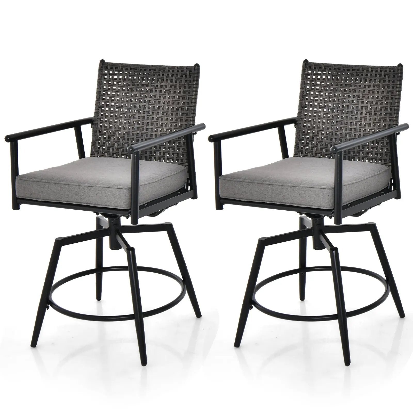 360 Degree Swivel Bar Stool Set of 2 with Metal Frame and PE Rattan Backrest-Black by DirectDeals