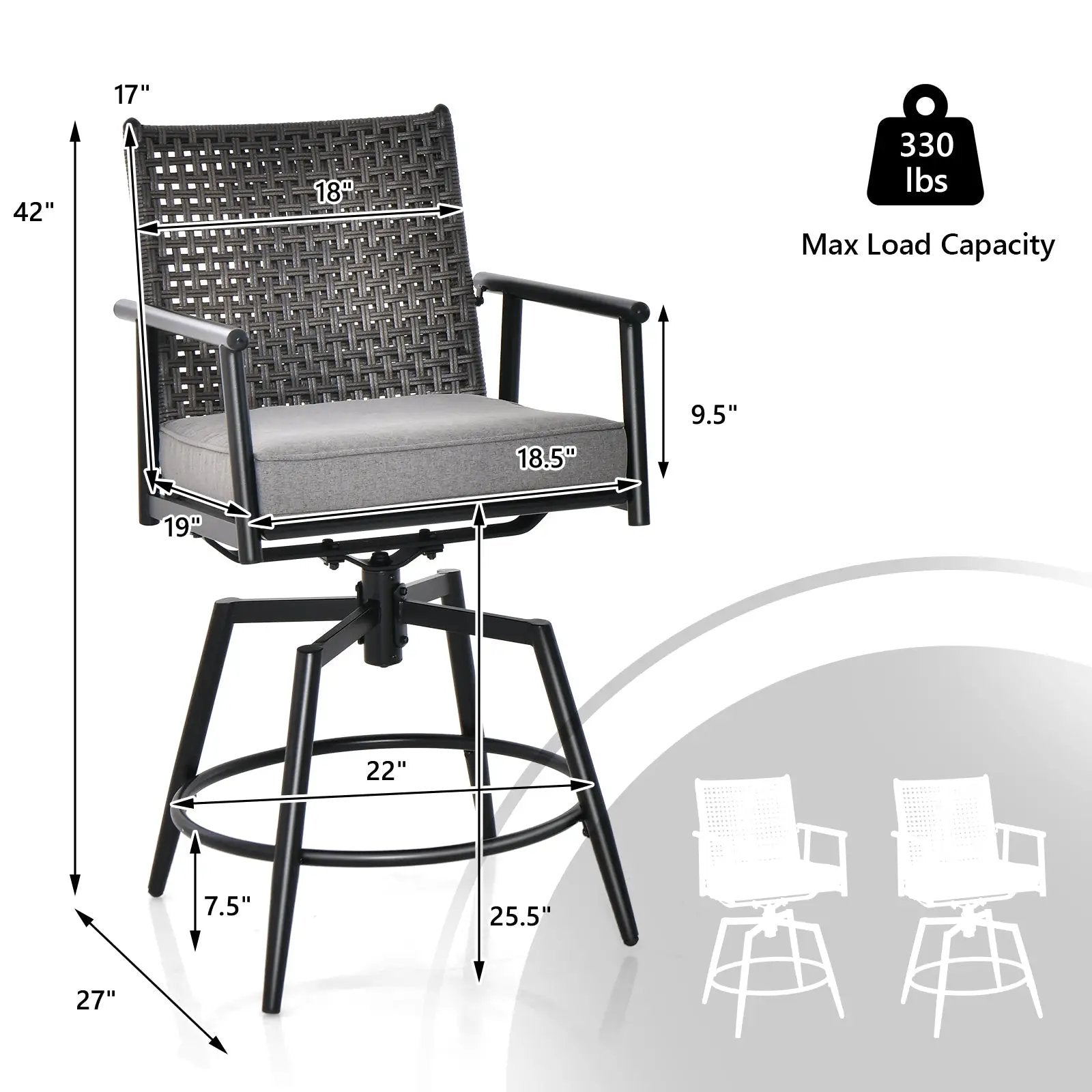 360 Degree Swivel Bar Stool Set of 2 with Metal Frame and PE Rattan Backrest-Black by DirectDeals