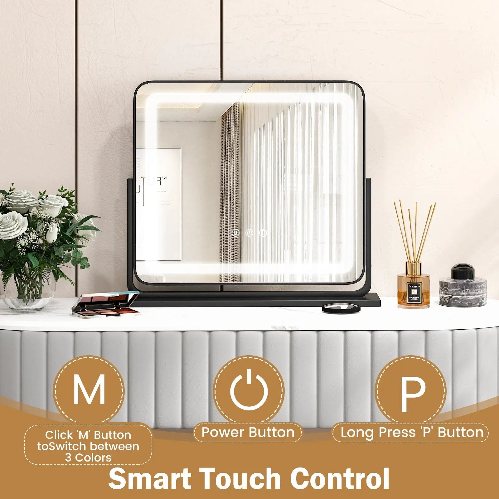 360¬∞ Rotatable Vanity Makeup Mirror with 3 Color Lighting Modes and Touch Control-Black by DirectDeals