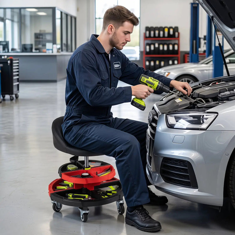 Rolling Mechanic Stool with Adjustable Height & Tool Trays by DirectDeals