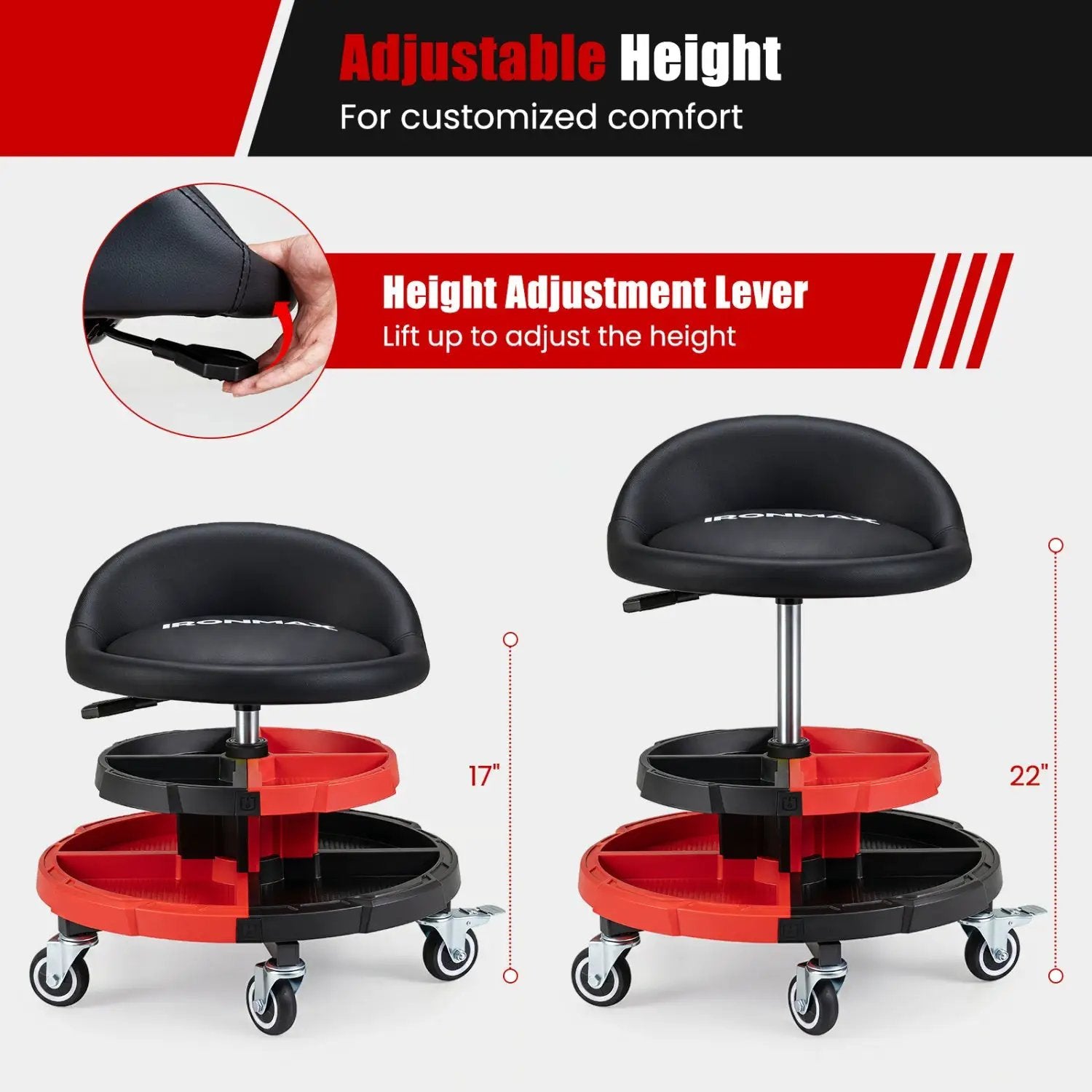 Rolling Mechanic Stool with Adjustable Height & Tool Trays by DirectDeals