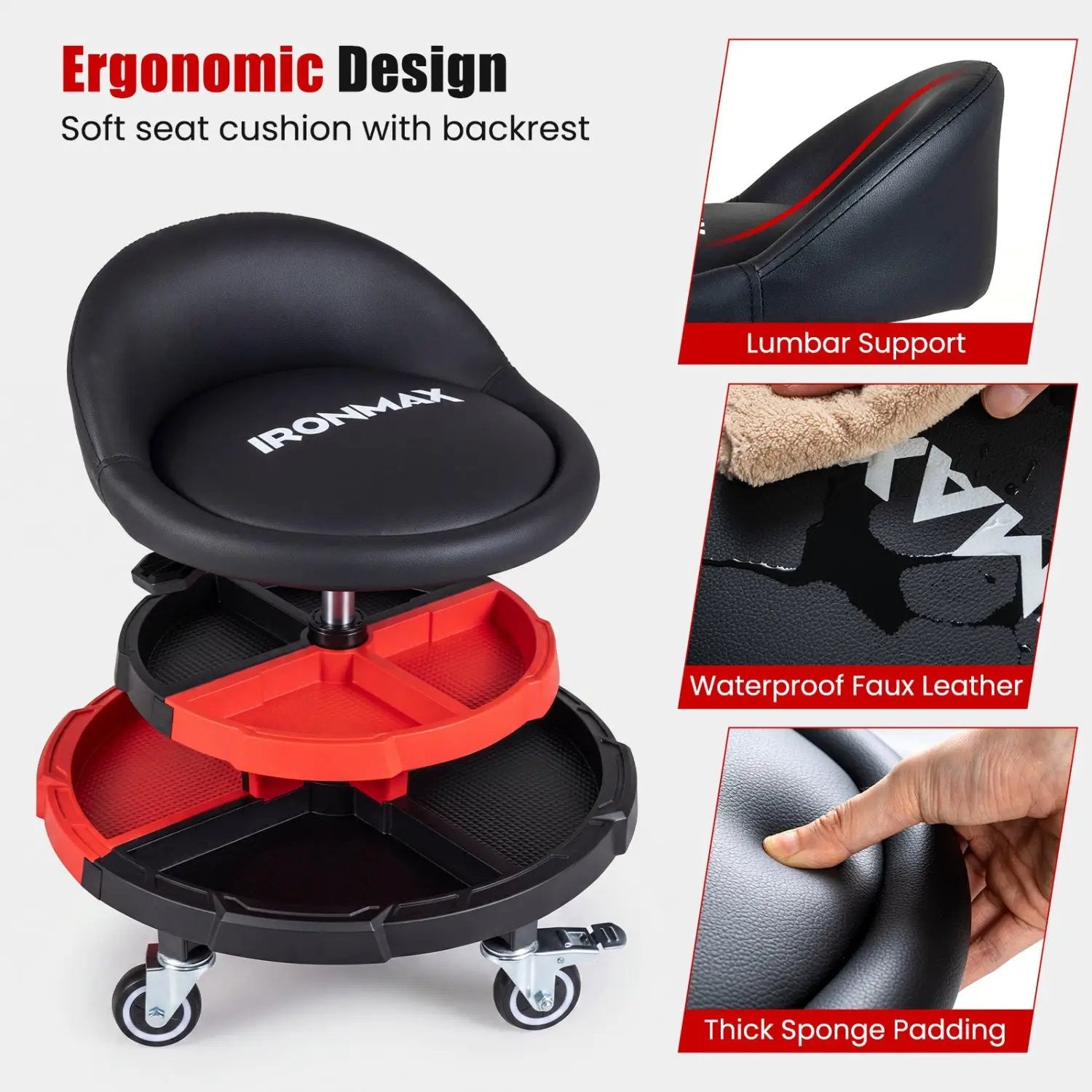Rolling Mechanic Stool with Adjustable Height & Tool Trays by DirectDeals