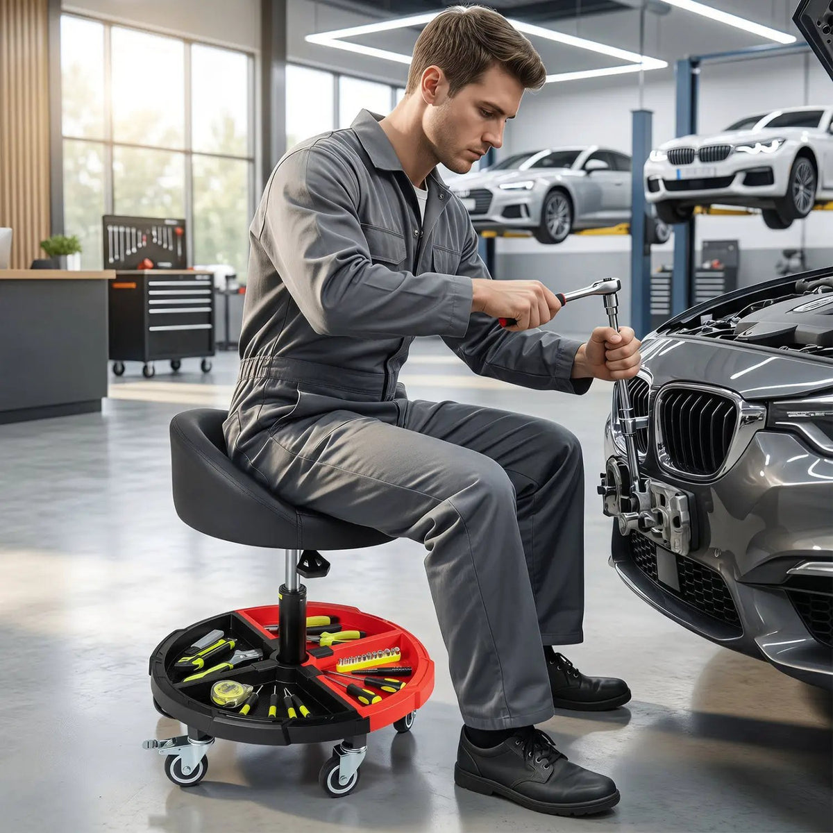 Rolling Mechanic Stool with Adjustable Height & Tool Tray by DirectDeals