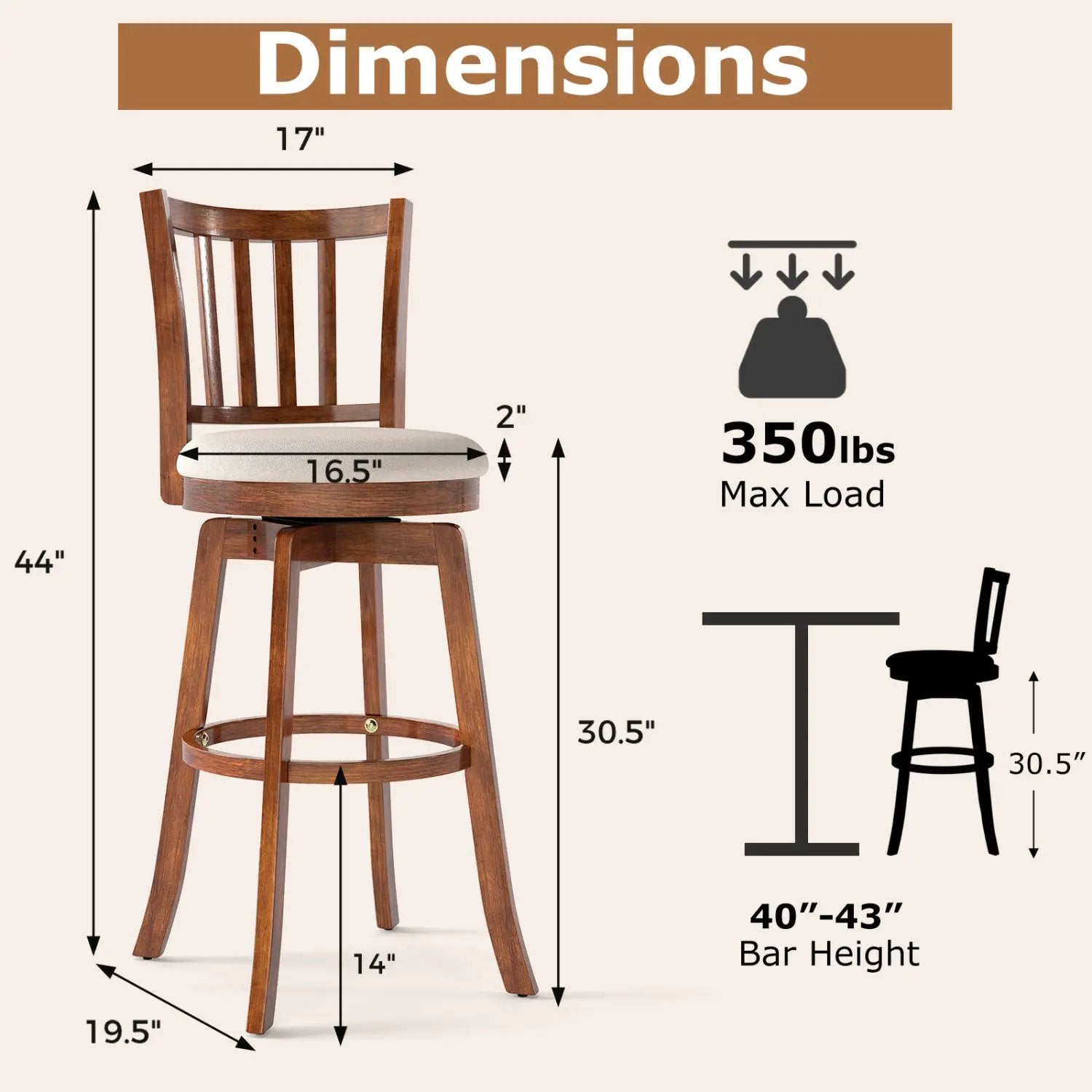 360¬∞ Rotating Counter Height Chairs Set of 4 with Backrest and Upholstered Seat by DirectDeals