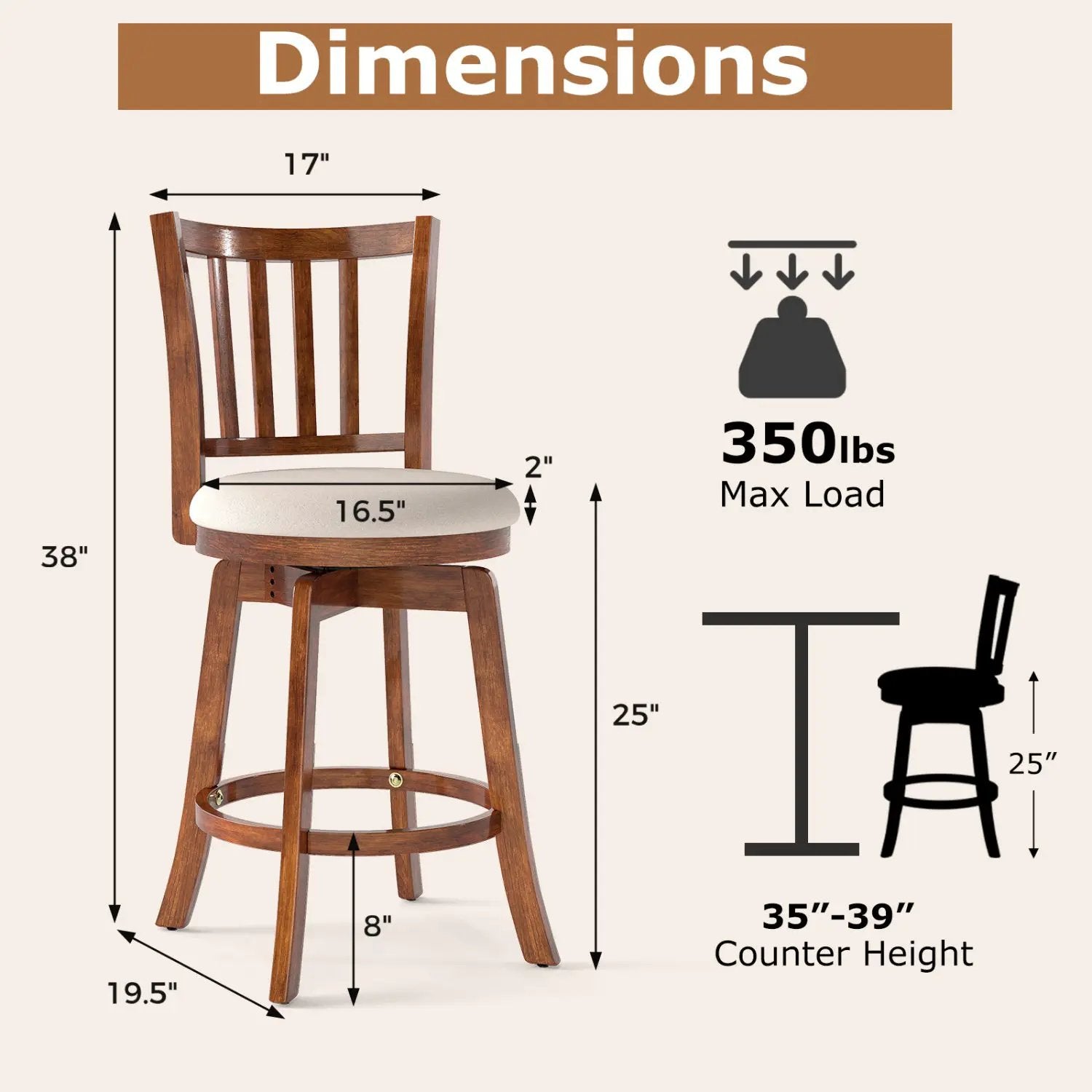 360¬∞ Rotating Counter Height Chairs Set of 2 with Upholstered Seat and Backrest by DirectDeals