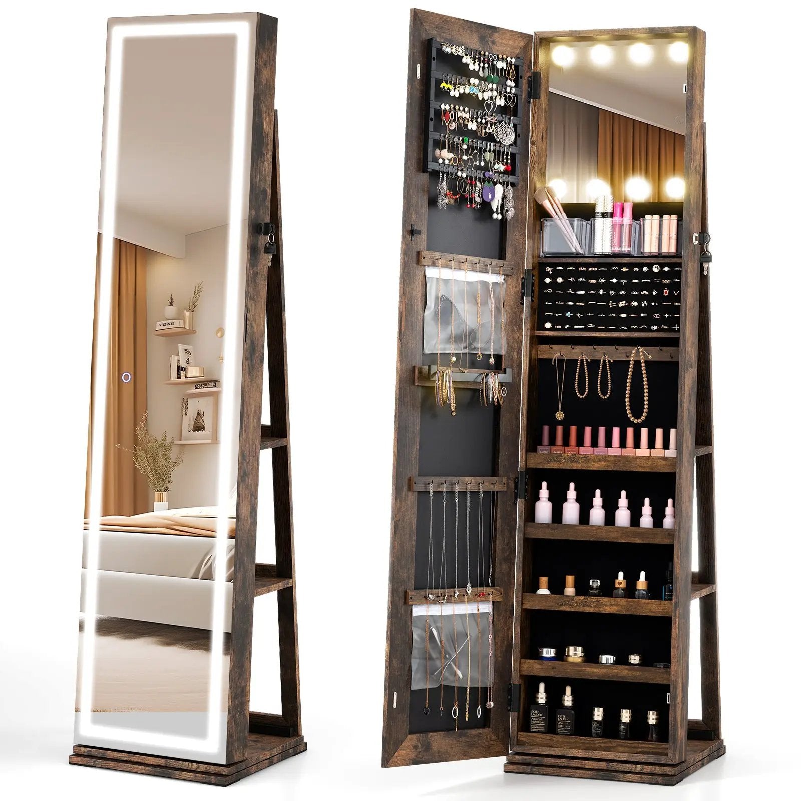 360¬∞ Swivel Freestanding Jewelry Cabinet with Lighted Full Length Mirror by DirectDeals