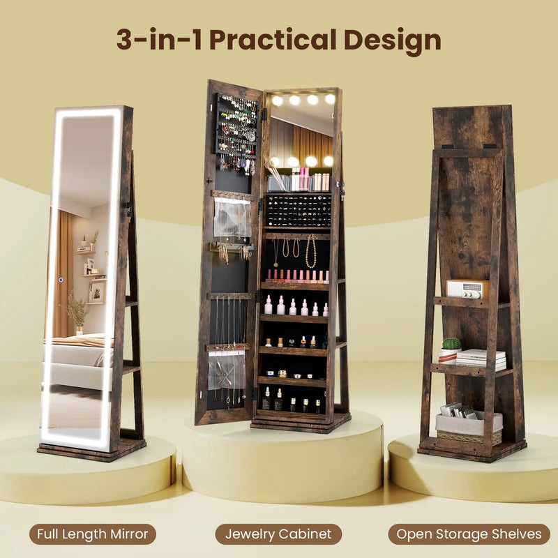 360¬∞ Swivel Freestanding Jewelry Cabinet with Lighted Full Length Mirror by DirectDeals