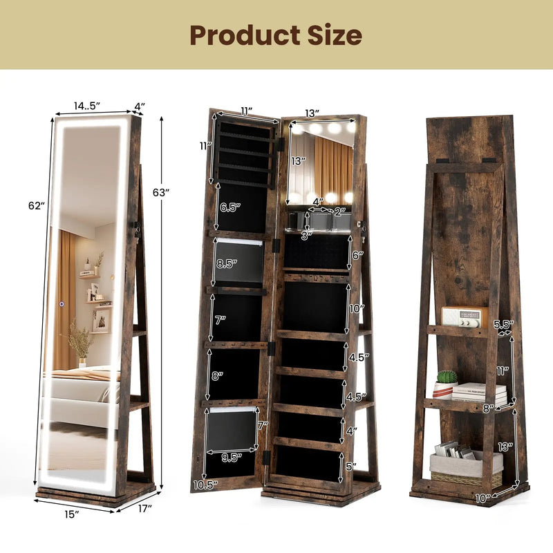360¬∞ Swivel Freestanding Jewelry Cabinet with Lighted Full Length Mirror by DirectDeals