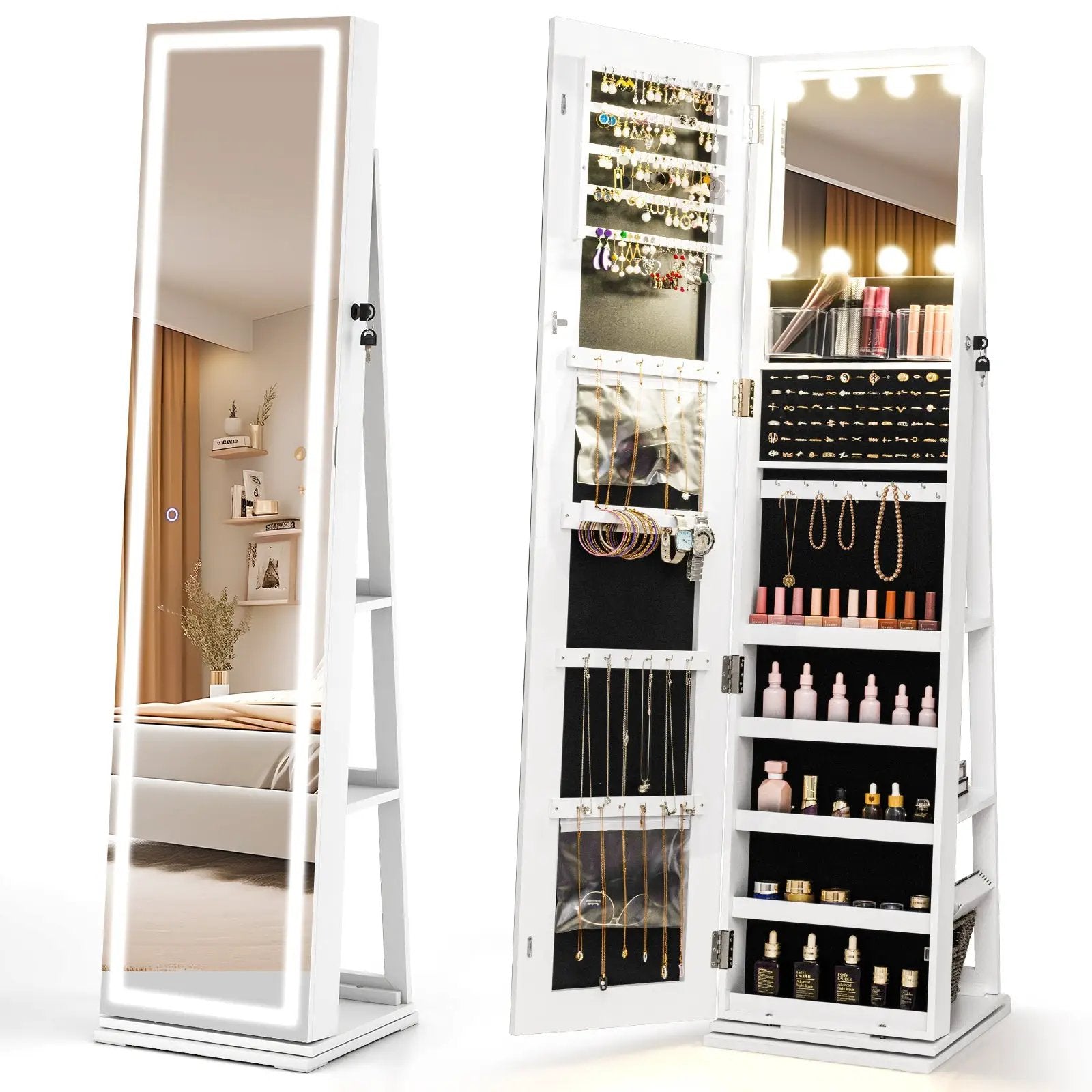 360¬∞ Swivel Freestanding Jewelry Cabinet with Lighted Full Length Mirror by DirectDeals