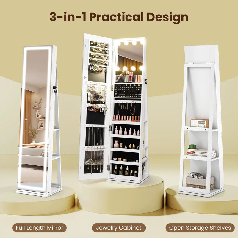 360¬∞ Swivel Freestanding Jewelry Cabinet with Lighted Full Length Mirror by DirectDeals