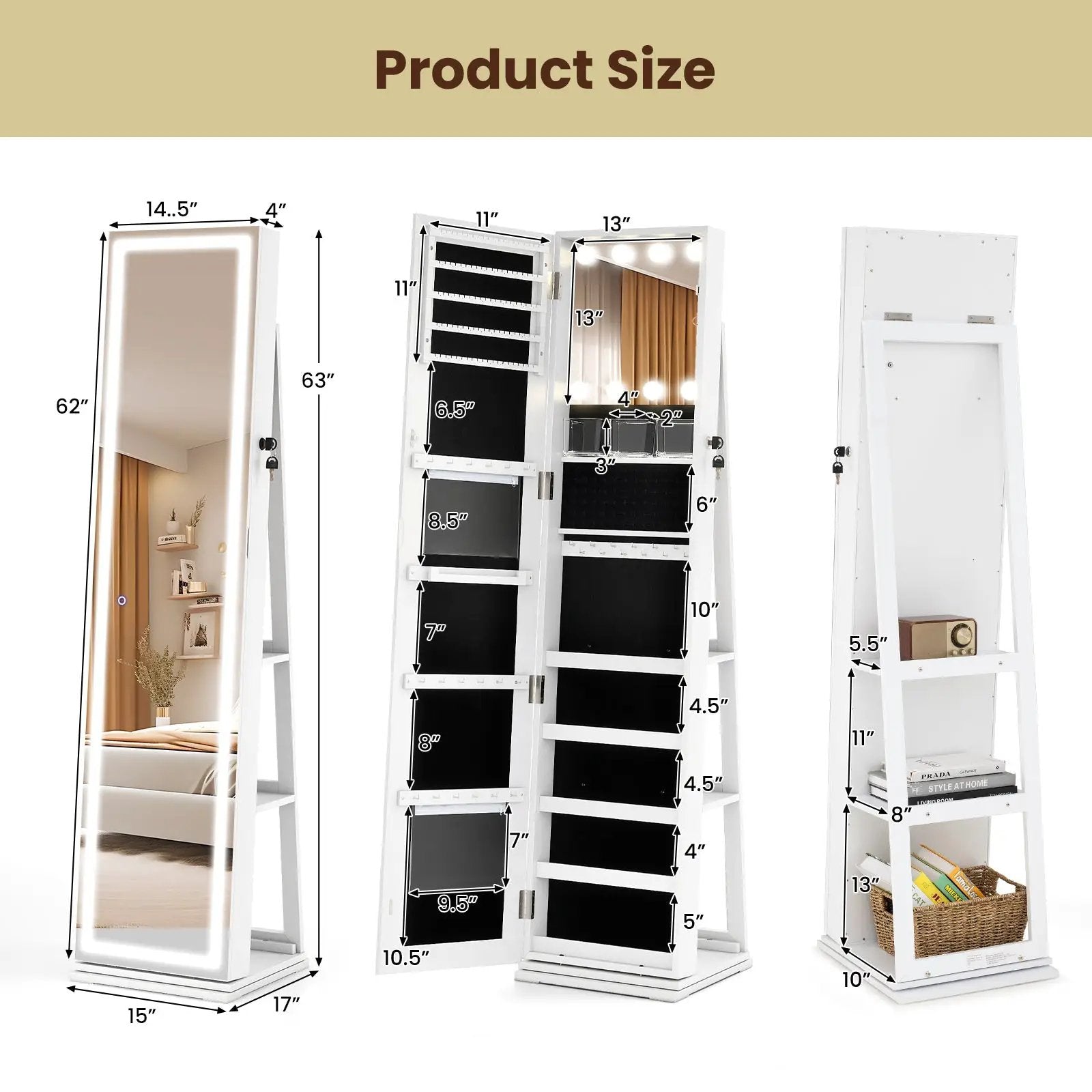 360¬∞ Swivel Freestanding Jewelry Cabinet with Lighted Full Length Mirror by DirectDeals