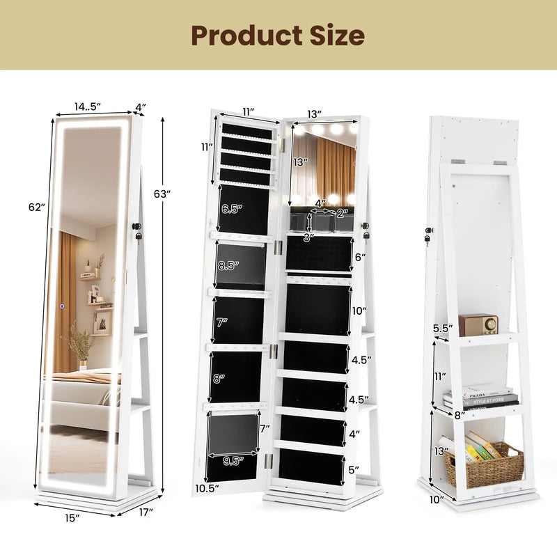 360¬∞ Swivel Freestanding Jewelry Cabinet with Lighted Full Length Mirror by DirectDeals