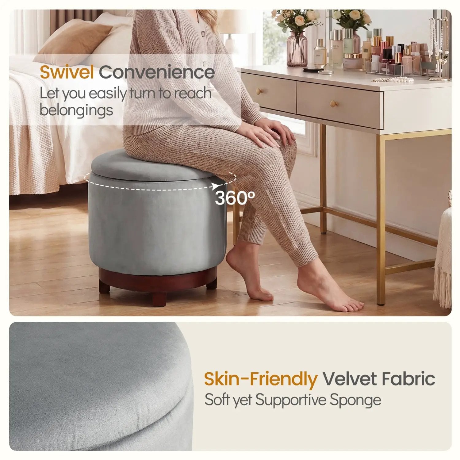 360° Swivel Velvet Foot Rest with Hidden Storage for Living Room by DirectDeals
